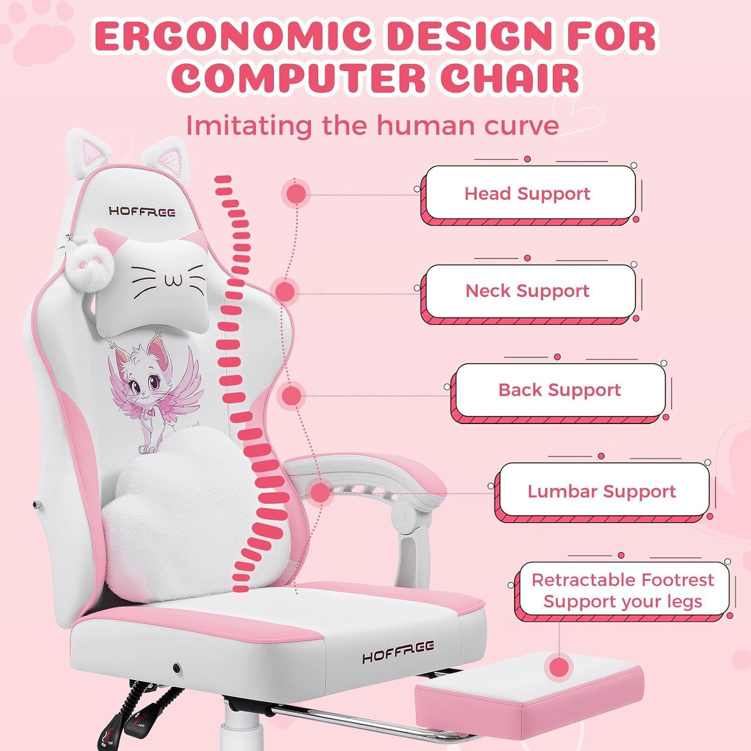 HOFFREE Pink Gaming Chair with Cat Ears and Cloud Massage Lumbar Ergonomic Cute Computer Chair for Girls with Footrest Comfortable Reclining Game Chairs for Adults Pink and White
