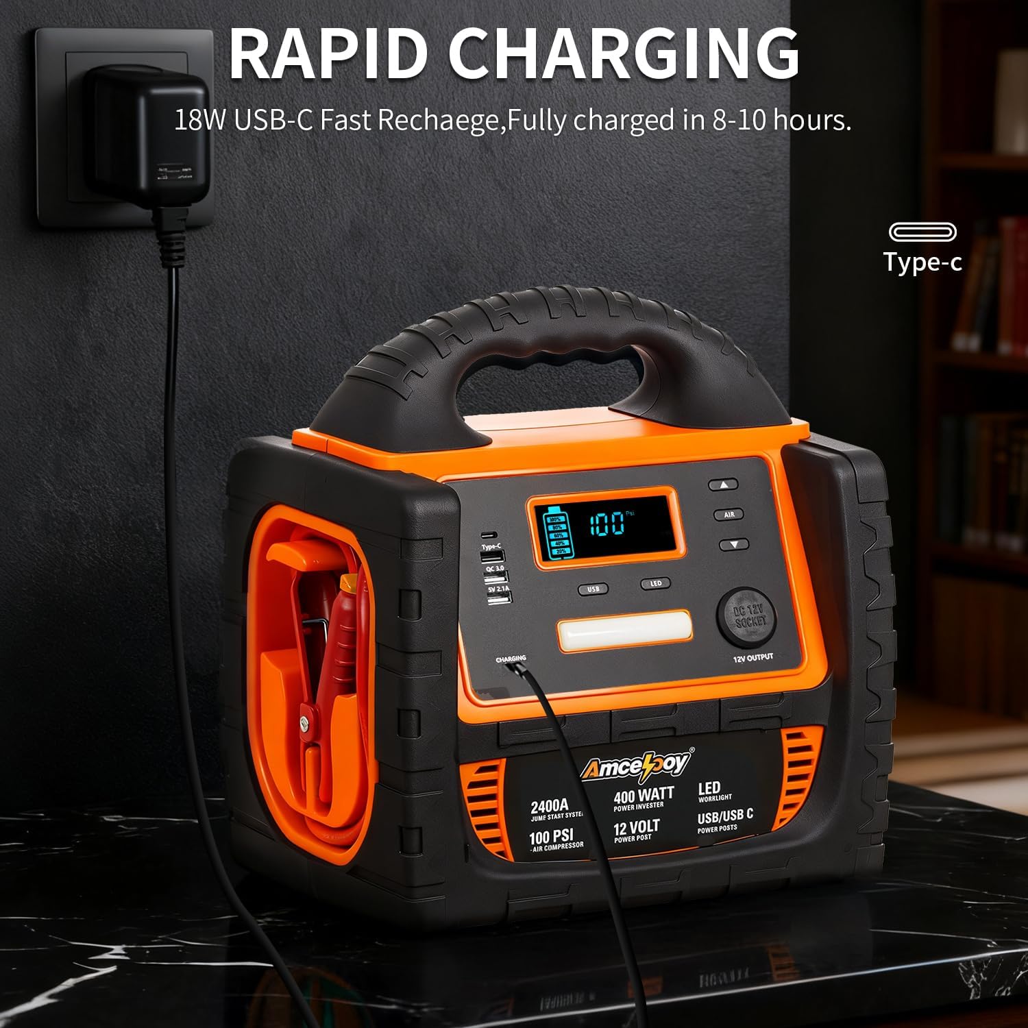 2400A Car Battery Jump Starter and Portable Power Station – Starts 8.0L Gas & 8.0L Diesel – 6-in-1 Jump Starter with Air Compressor 100 PSI Tire Inflator – 400 Watt Inverter AC/DC/USB Outlets