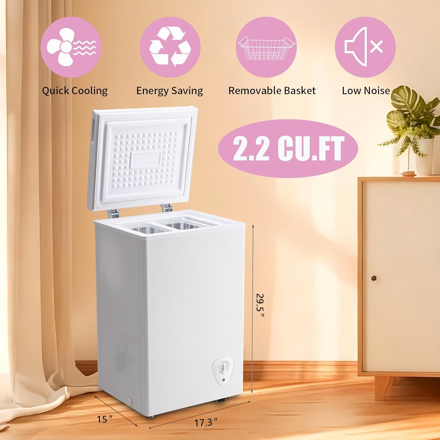 Chest Freezer 2.2 Cu.Ft Deep Freezer Adjustable Temperature 7 Thermostat and Energy Saving Removable Basket for Garage Basement Dorm Apartment Kitchen Business, White