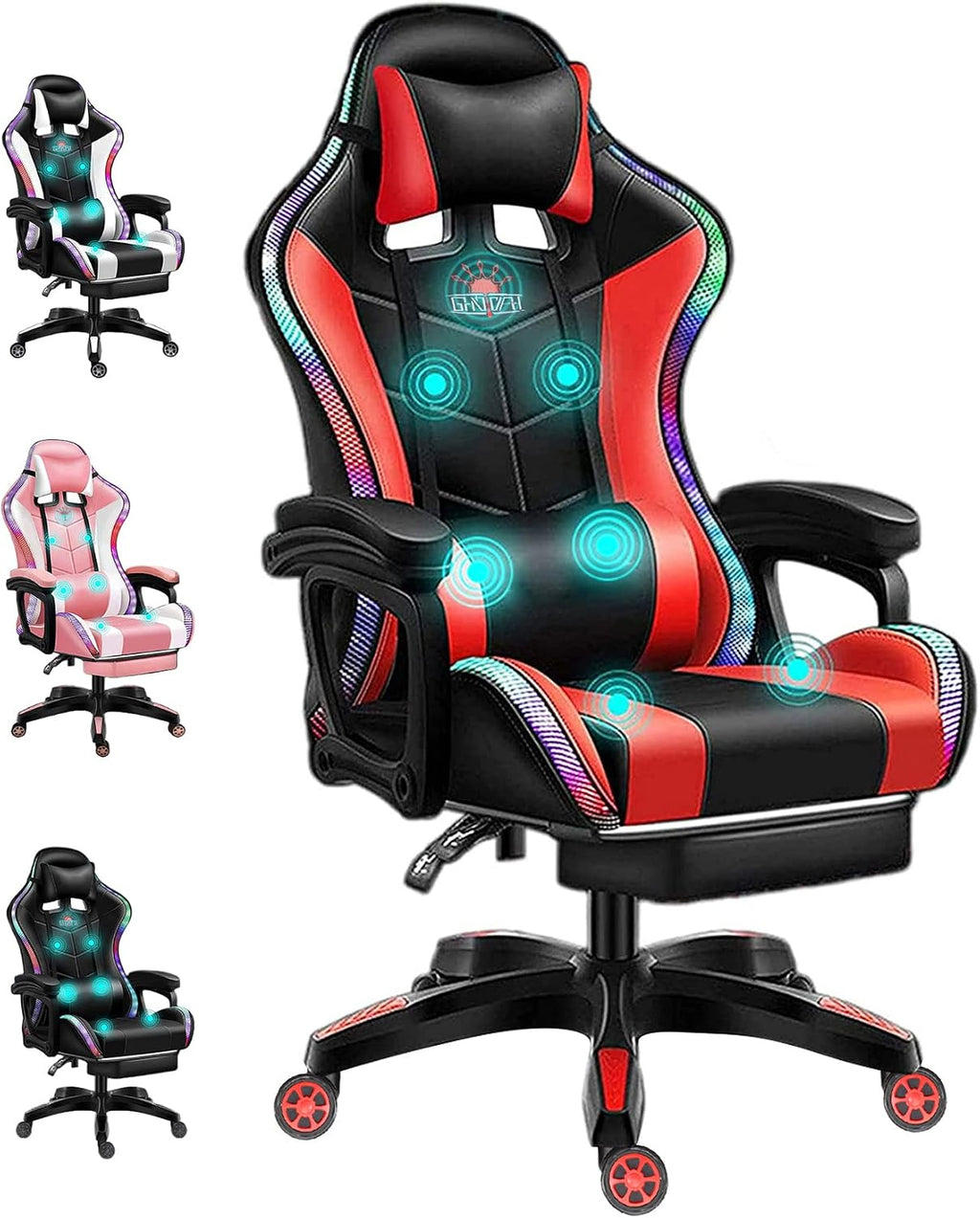 Gaming Chair with Bluetooth Speakers, RGB LED Lights & Footrest, Massage Computer Gaming Chair/Video Game Chair for Adults & Teen Enhance Gaming Experience,Red