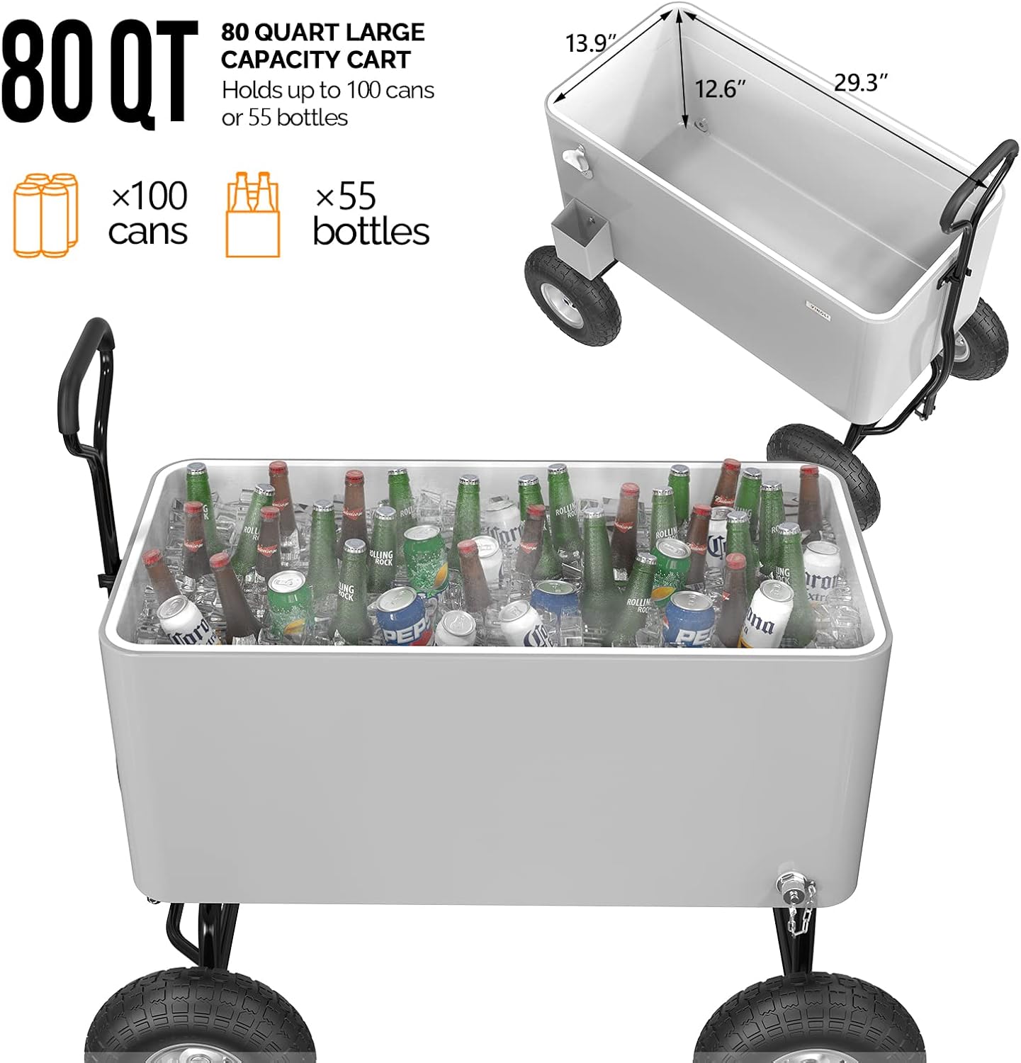 VINGLI 80 Quart Wagon Rolling Cooler Ice Chest, w/Long Handle and 10' Wheels, Portable Beach Patio Party Bar Cold Drink Beverage, Outdoor Park Cart on Wheels