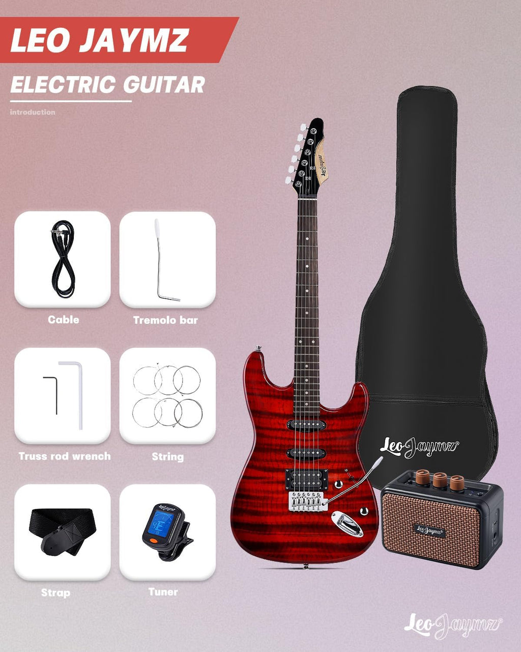 Leo Jaymz 39' Full Size ST Style Electric Guitar Starter Kit with SSH Pickup, 5W Portable Amp, Tuner, Gig Bag, Strap & Accessories (Red Flame)