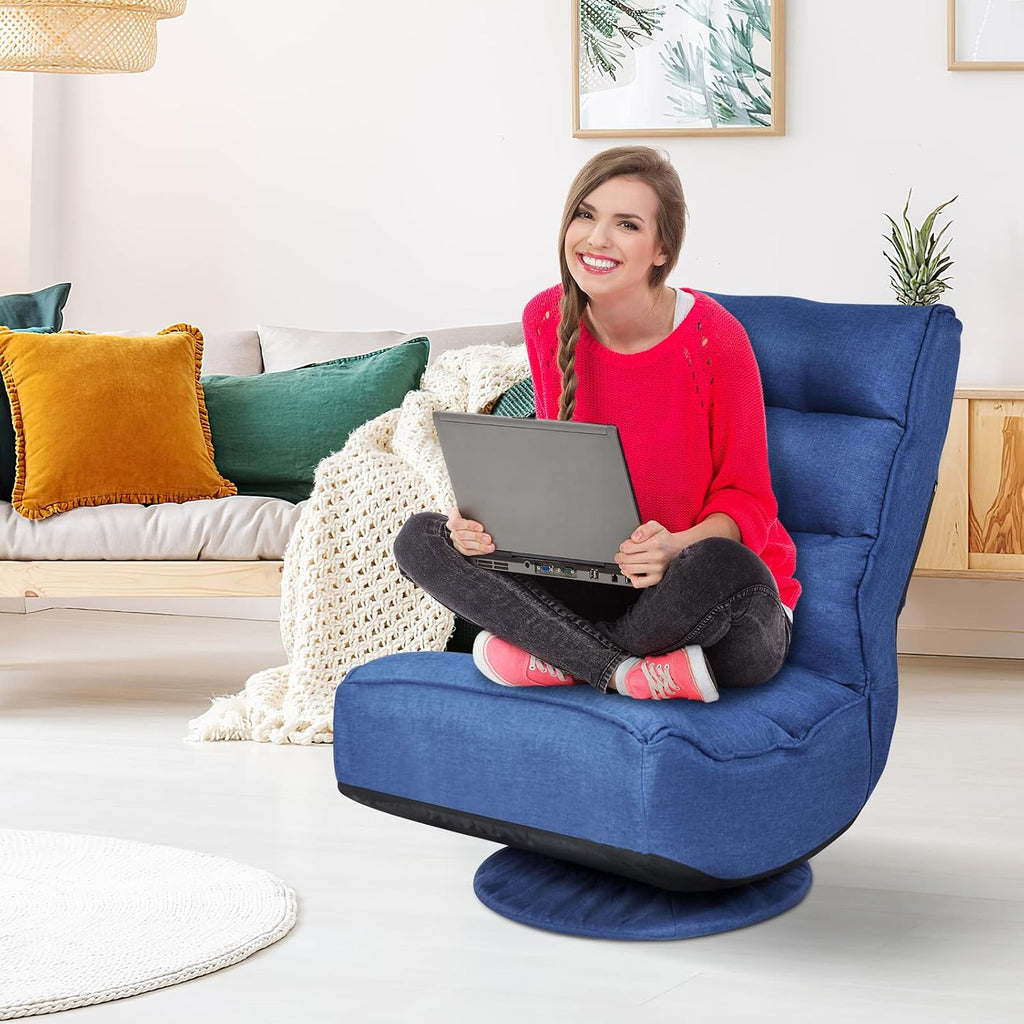 ERGOMASTER Reclining Folding Floor Gaming Chair for Home, Office and Lounging, Reading w/ 360-Degree Swivel, 5 Adjustable Positions, Tufted Cushions （Blue）