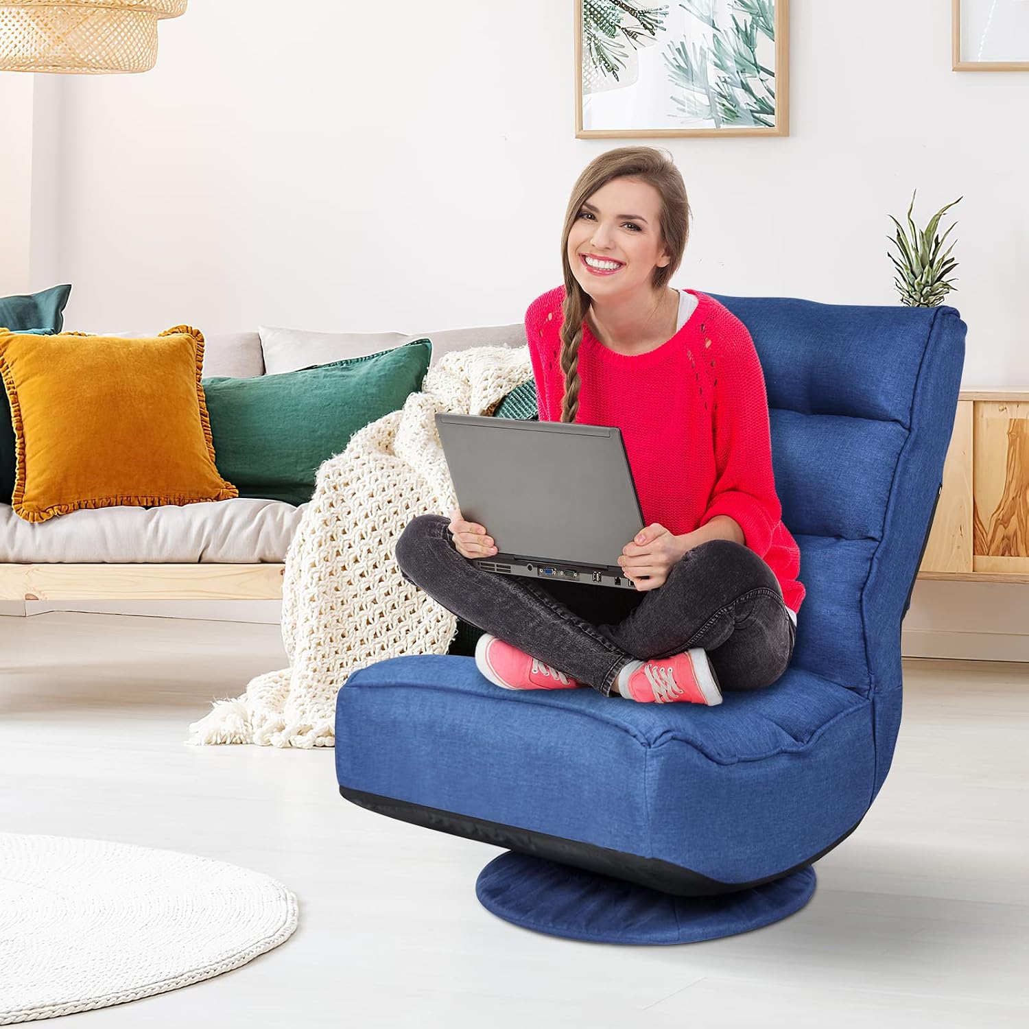 ERGOMASTER Reclining Folding Floor Gaming Chair for Home, Office and Lounging, Reading w/ 360-Degree Swivel, 5 Adjustable Positions, Tufted Cushions （Blue）