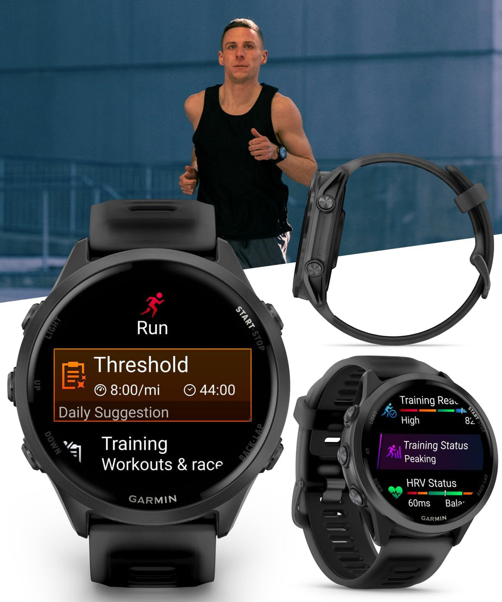 Garmin Forerunner 570 47mm Advanced GPS Running & Triathlon Smartwatch, AMOLED Display, Training & Recovery, Slate Gray Aluminum w/Translucent Black/Black Band w/ Wearable4U White Earbuds Bundle