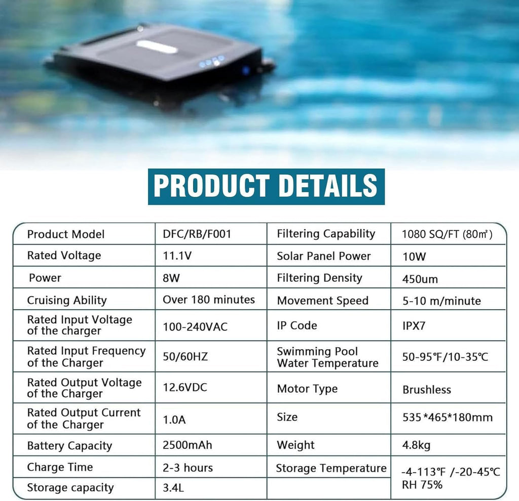 Ai Pool Cleaner Robot, Robotic Pool Skimmer Cleaner, with Dual Charging (Solar/Adapter), 2 Cleaning Modes, Automatic Obstacle Avoidance and Escape Function