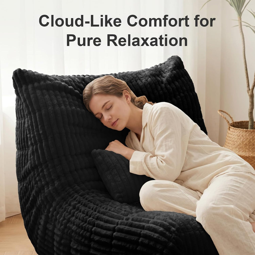 Bean Bag Chair with Lumbar Pillow, Gaint Bean Bag Chairs for Adults, Oversized Corduroy Beanbag Chair with Memory Foam Filled, Lazy Floor Sofa for Reading Gaming Living Room Bedroom (Black)