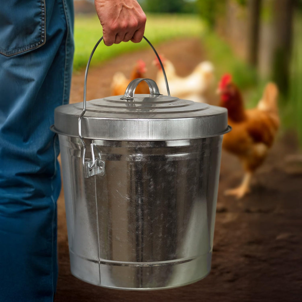 Plexon 6 Gallon Small Metal Trash Can with Locking Lid Galvanized Metal Bucket for Poultry Feed Bird Seed Storage Ash Outside Garbage Can with Lid, 3 Pack
