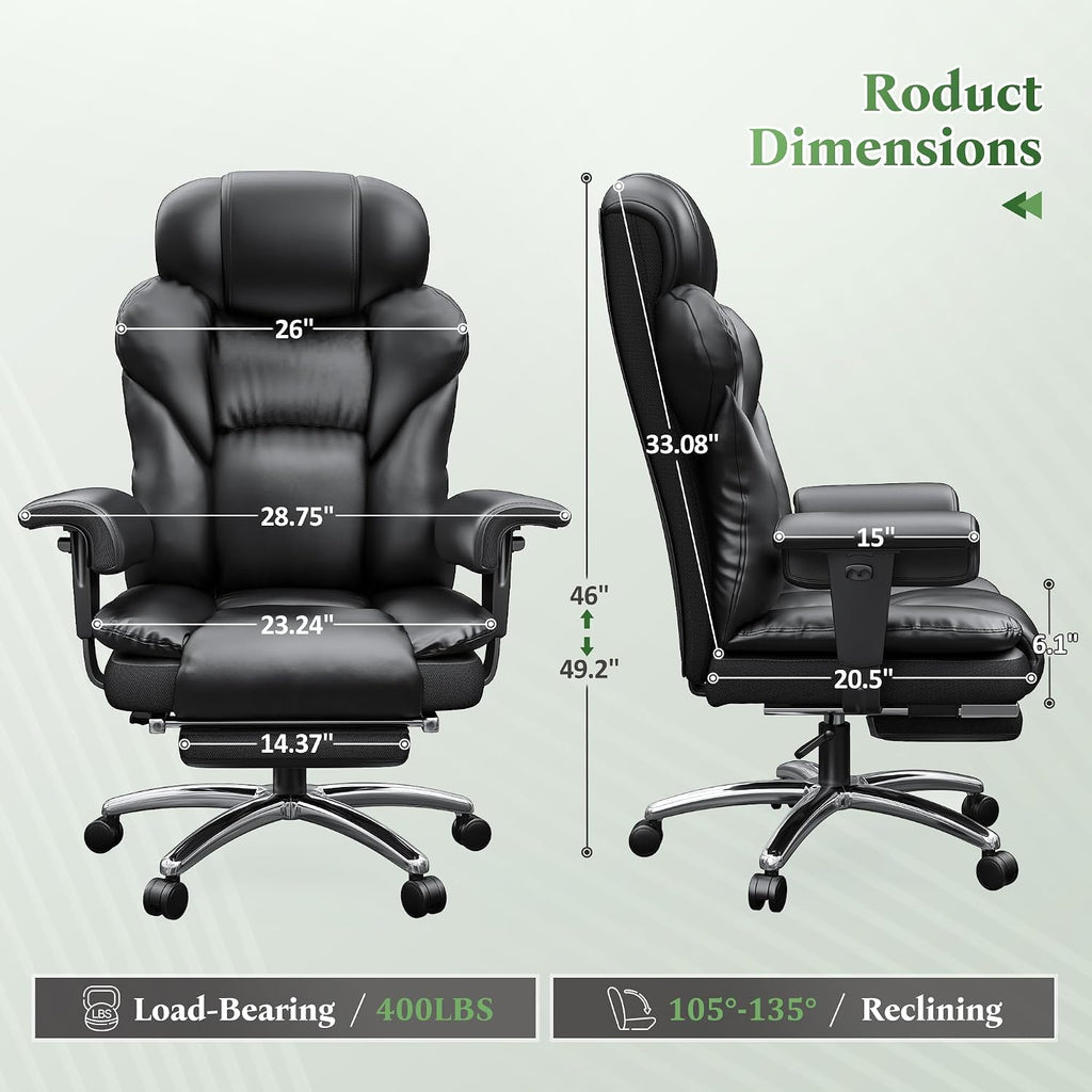 DurayLoly Big and Tall Office Chair with Footrest, Ergonomic Leather Office Desk Chair with Pocket Spring Cushion, 105°-135°Reclining & Height Adjustable, Ergonomic Computer Chair for Back Pain