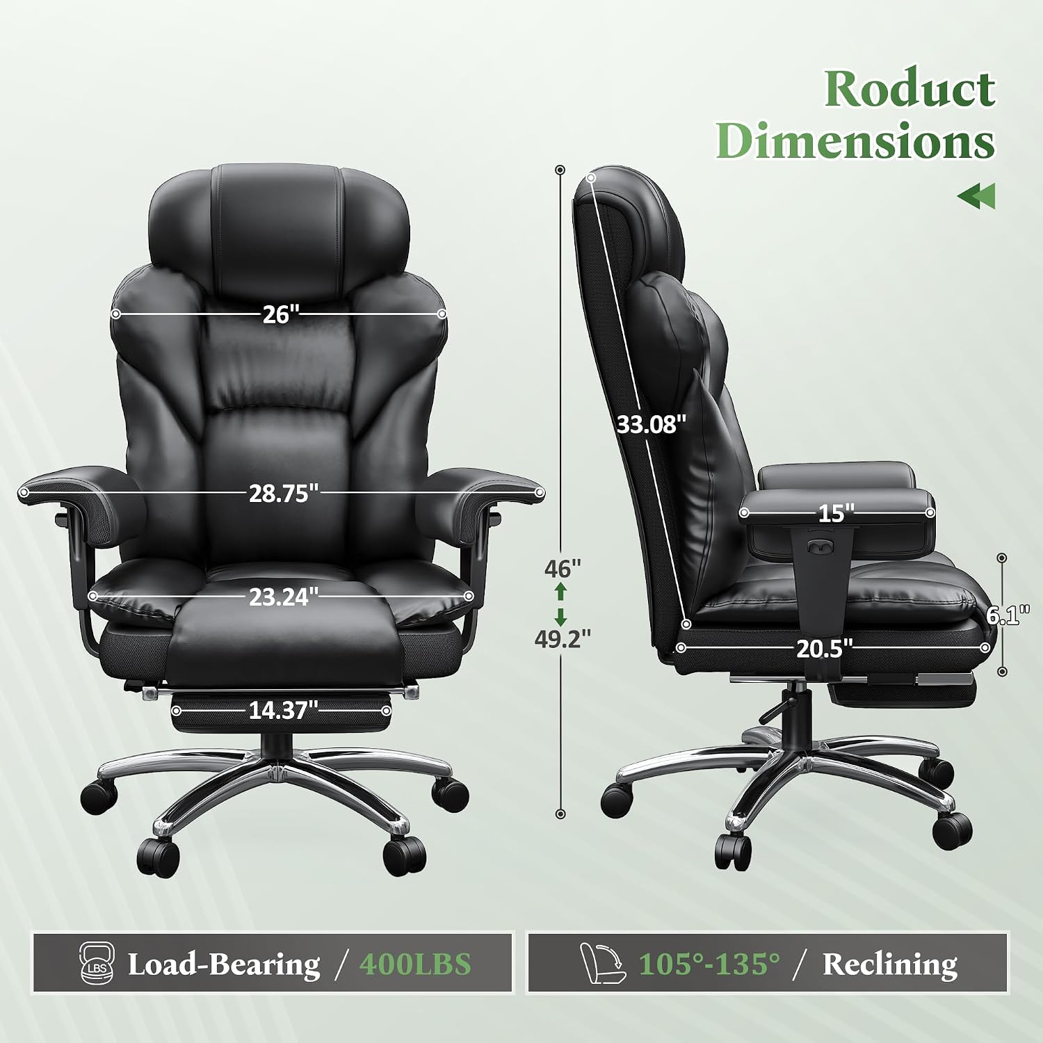 DurayLoly Big and Tall Office Chair with Footrest, Ergonomic Leather Office Desk Chair with Pocket Spring Cushion, 105°-135°Reclining & Height Adjustable, Ergonomic Computer Chair for Back Pain