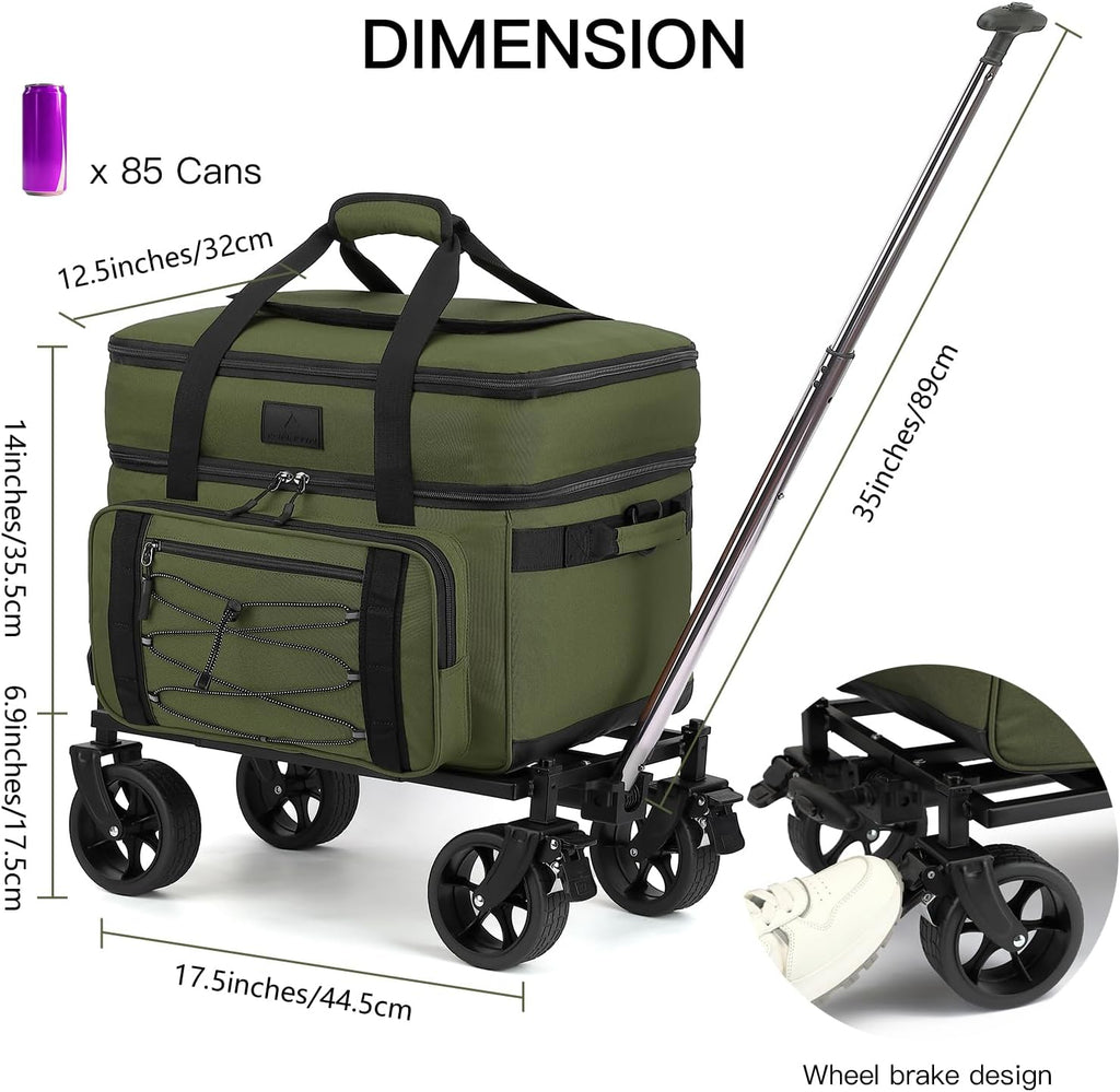 Extra Large Wheeled Portable Cooler Bag 85 Cans Double Deck Heavy Duty Rolling Insulated Cooler with All-Terrain Wheels Leakproof Tactical Soft Sided Cooler for Beach Camping Picnic Travel