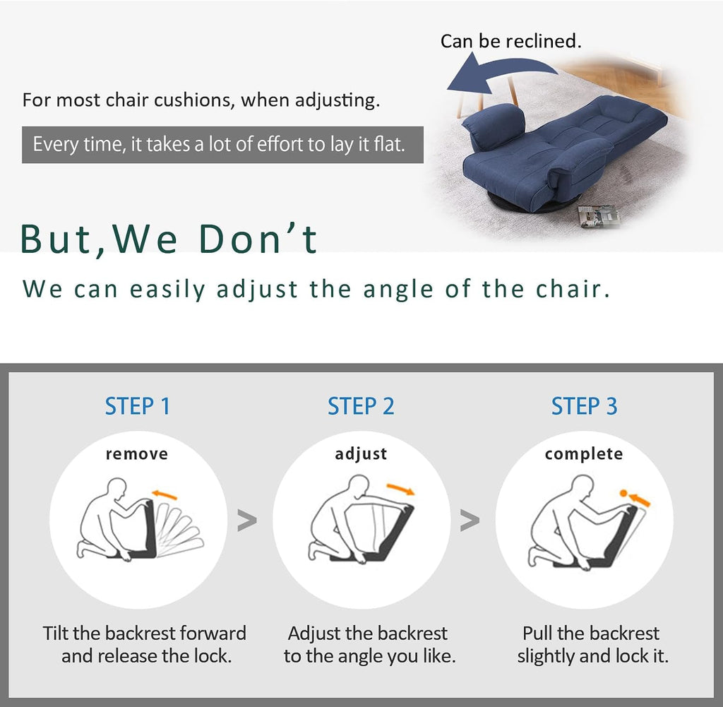 360 Degree Swivle Adjustable Floor Chair, Chaise Lounge Indoor, Folding Lazy Sofa with Armrests and Side Pocket Adults Gaming Chairs for Living Room, Bedroom Factory Price 201 (BL)