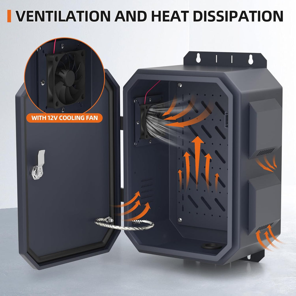 Joinfworld Outdoor Electrical Box, Metal Outdoor Enclosure Box Waterproof IP65 Junction Vented Enclosure Weatherproof with Cold-Rolled Steel Plate Fan Din Rail Cable Gland 15.7'x11.8'x7.9'