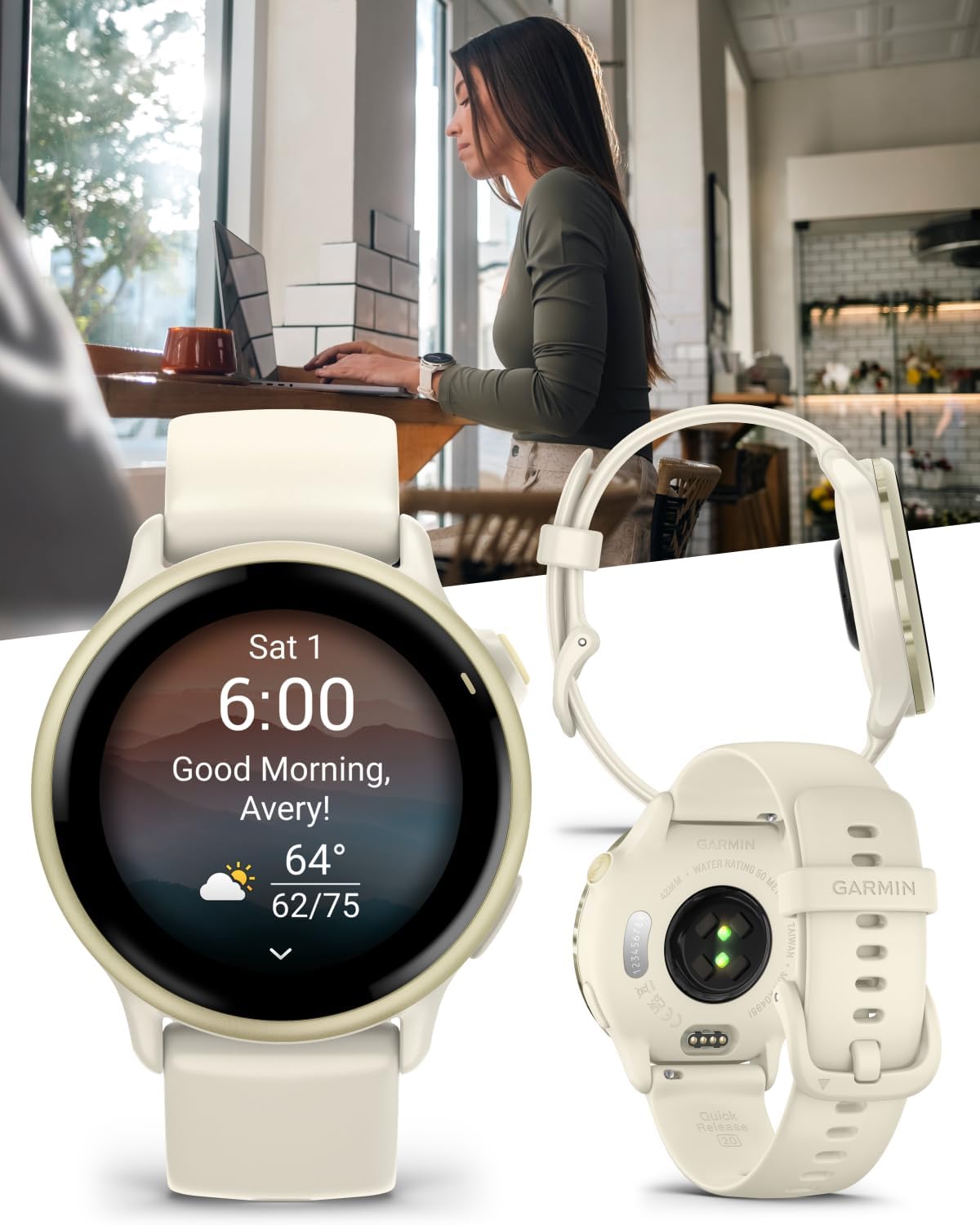 Garmin Vivoactive 6 - Health & Fitness Smartwatch, 1.2 in Bright AMOLED Display, GPS Sports Tracking, Up to 11 Days of Battery, Lunar Gold with Bone Band w Black Earbuds Bundle