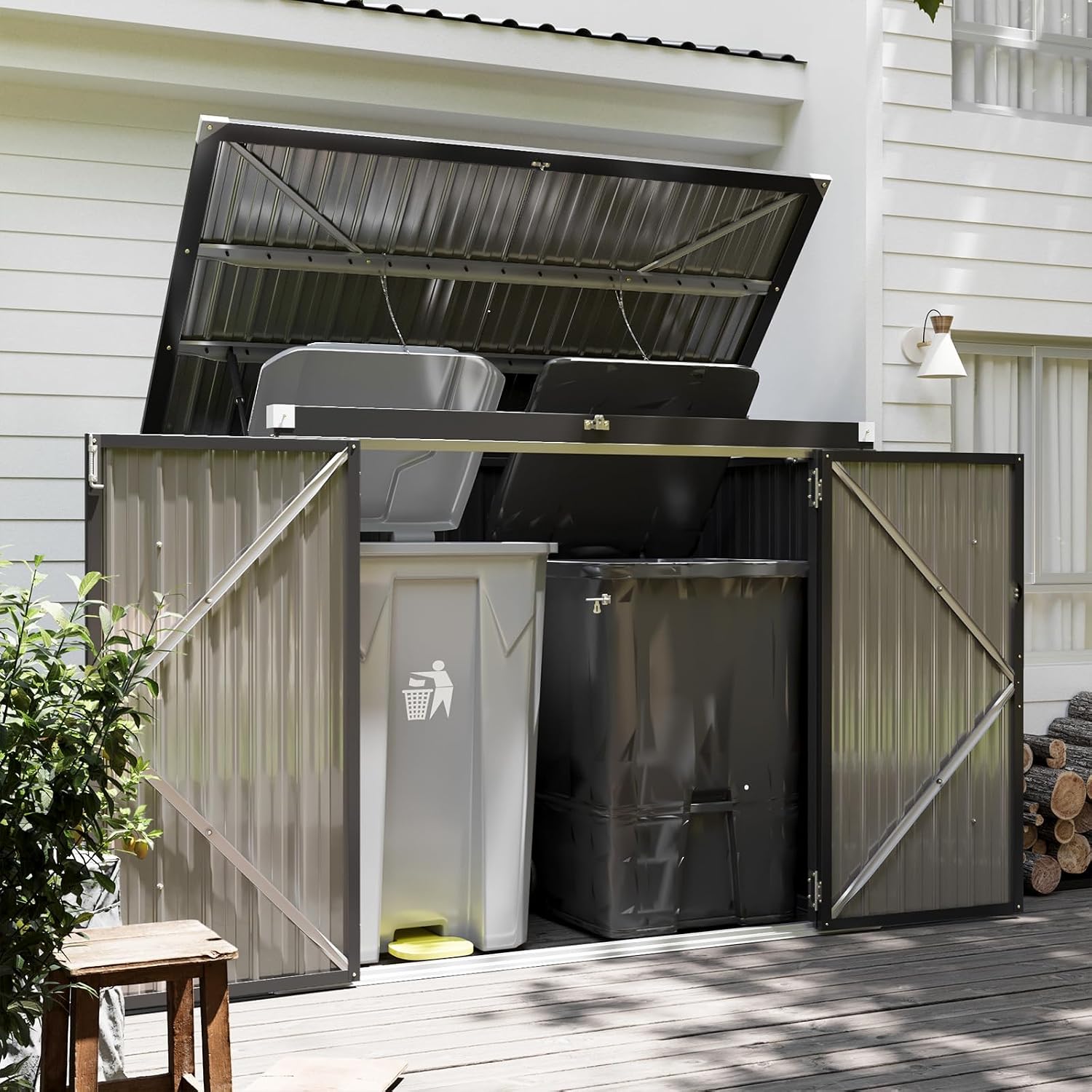 79 Cu. Ft Premium Storage Shed 3.3 x 5.6 FT Outside Metal Trash Shed Waterproof Outside Storage with Lid Chain Storage Trash Can Weeding Tools, for Garden, Backyard, Patio (Black)