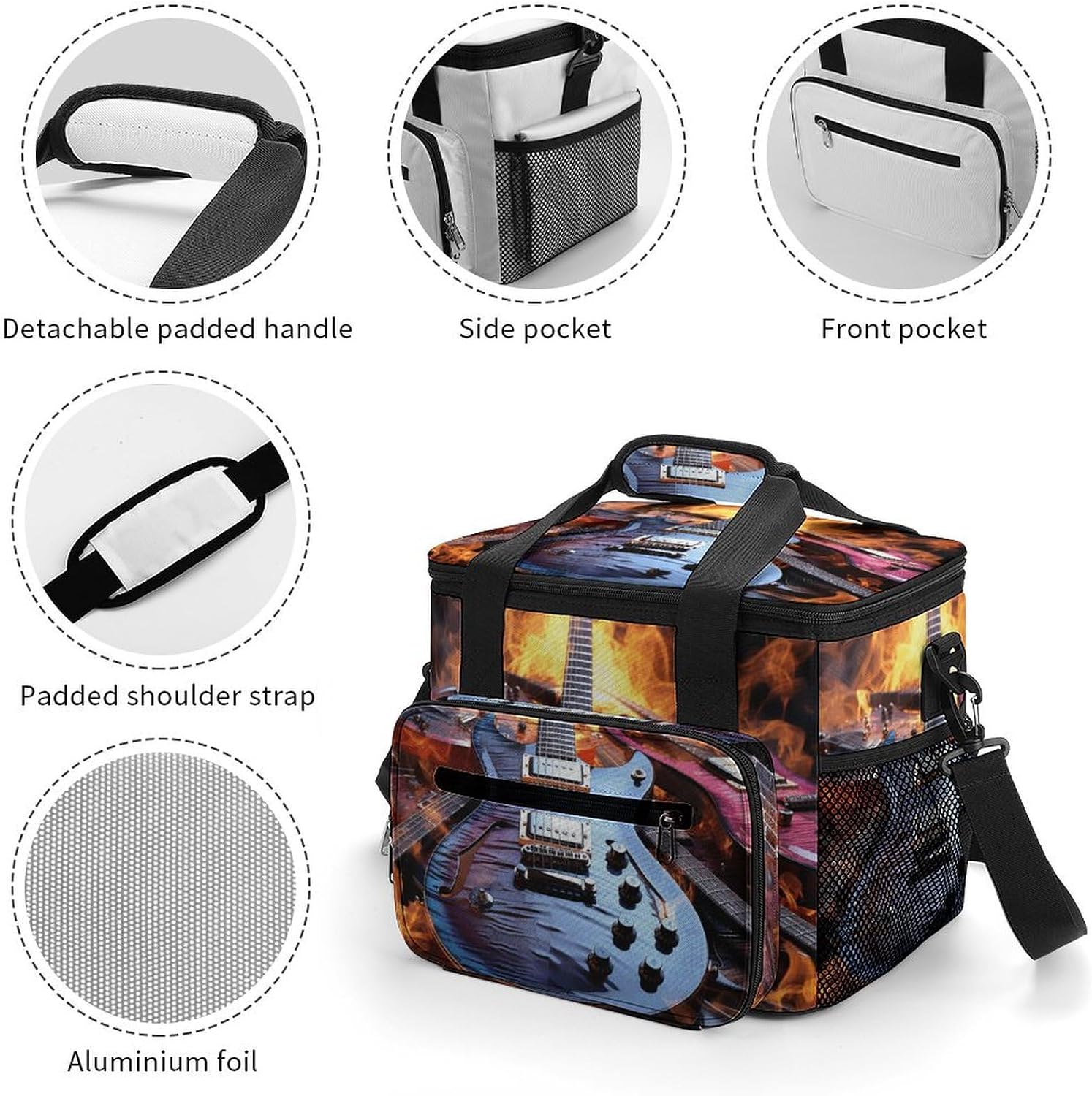 Insulated Camping Cooler Bag, Magic Electric Guitar Music Print Ice Pack with Leakproof Lining 22.5L Capacity Portable Thermal Bag for Camping,Picnic