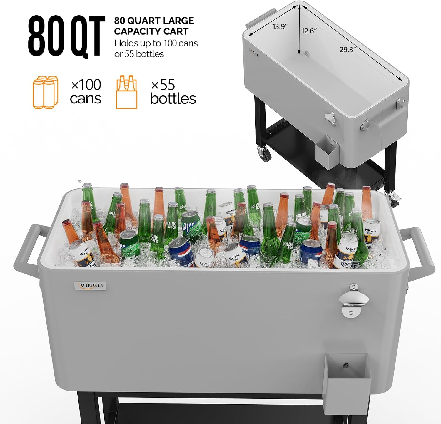 VINGLI Patio Cooler, Rolling Ice Chest on Wheels, Portable Patio Party Bar Drink Cooler Cart, with Shelf, Beverage Pool with Bottle Opener,Water Pipe
