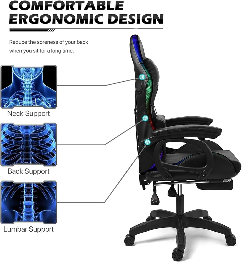 Video Gaming Chair with Footrest,Game Chair with Bluetooth Speakers,Computer Chair with LED Lights,Ergonomic Massage Gaming Chair with Massage Function,360°Swivel 90°-135° Adjustment Backrest (White)