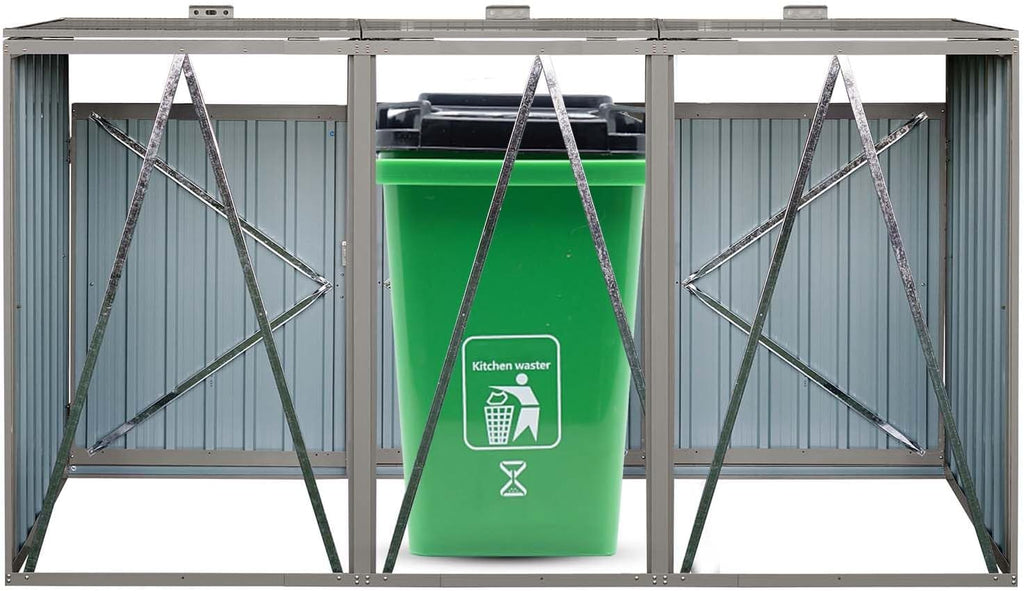 Outdoor Garbage Bin Storage Shed, Steel Trash Can Storage with Lockable Doors & Lids for 3 Trash Cans, Metal Garbage Can Hider for Outside Garden Yard Backyard Patio (3 Trash Can+Grey)