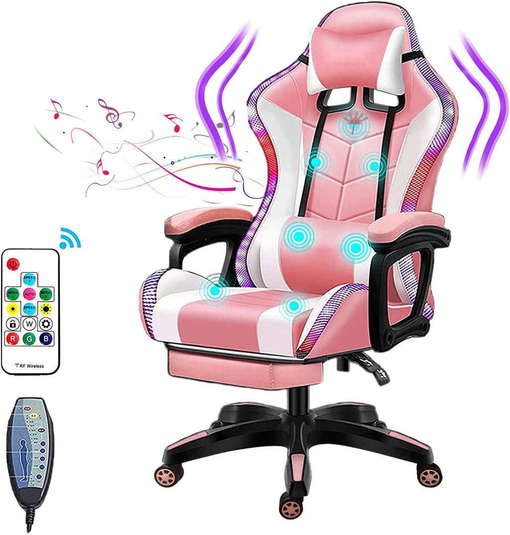 Gaming Chair Massage with Footrest, RGB Gaming Chair with Speakers Video Game Chair with Headrest and Lumbar Support Backrest Adjustable Reclining Gamer Chair