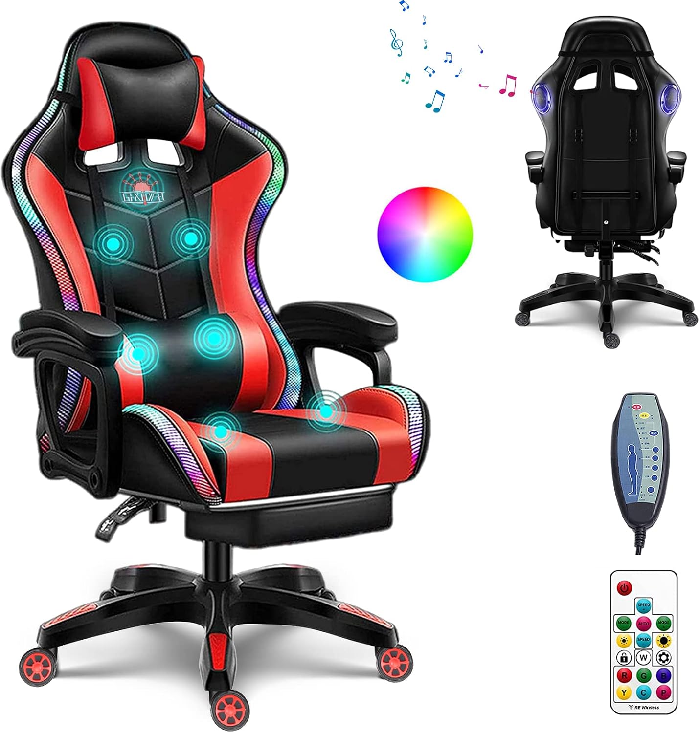 Ergonomic Pro Gaming Chair with Speakers RGB Video Game Chair with Footrest, High Back Massage Computer Chair with Lumbar Support and Headrest Adjustable Height, Gamer Chair for Adult Teens,Red