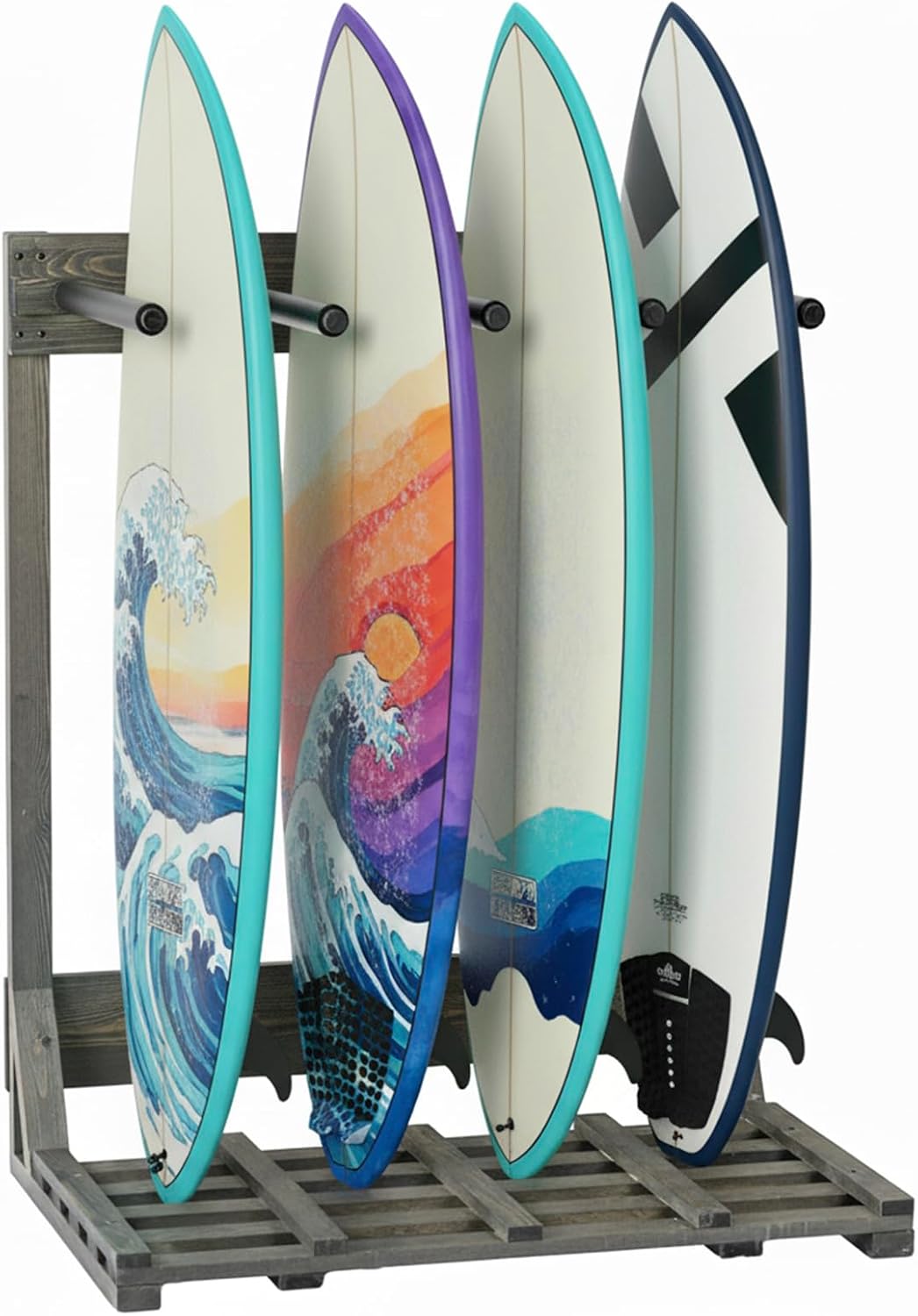 MyGift 4-Ft Tall Rustic Burnt Wood Freestanding Vertical Surfboard Rack, Wakeboard SUP Paddleboard Storage Rack - Holds up to 4 Boards