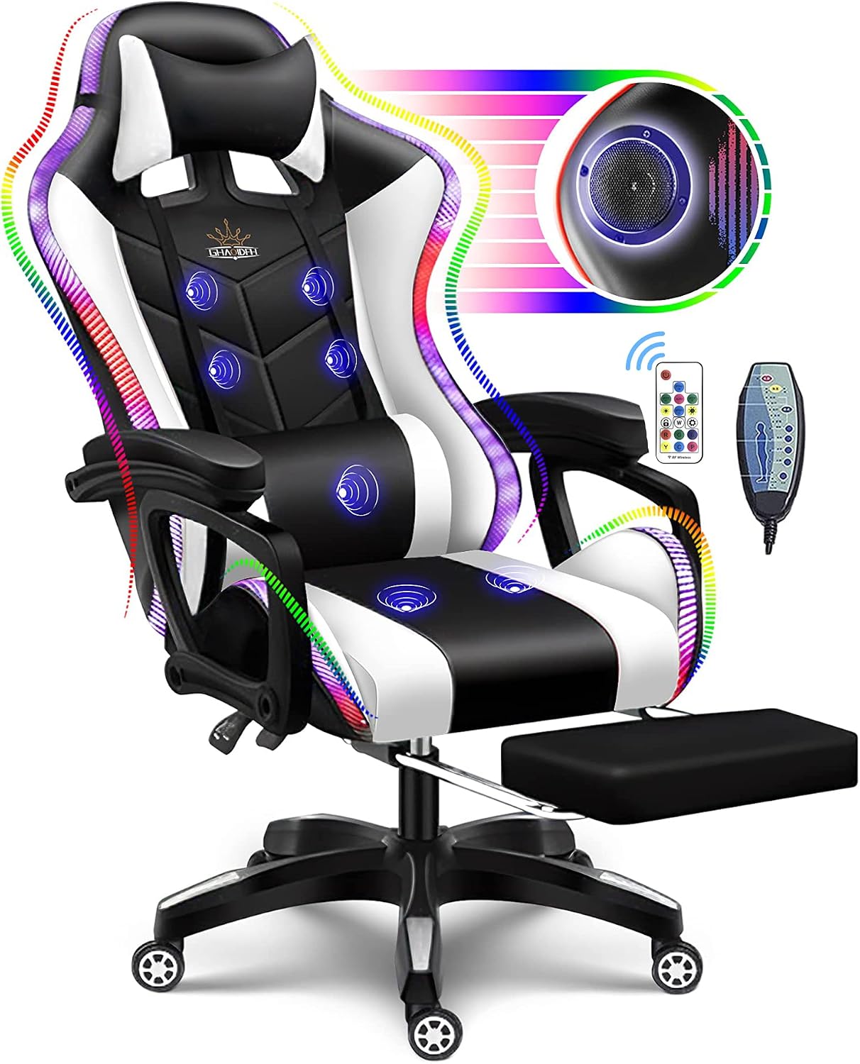 Video Chair Bearing 300lbs,Stylish Ergonomic Gaming Chair with RGB LED - Adjustable Recline, Ergonomic Massage Computer Gaming Chair with Bluetooth Speakers,High-Density Foam Padding, Faux L