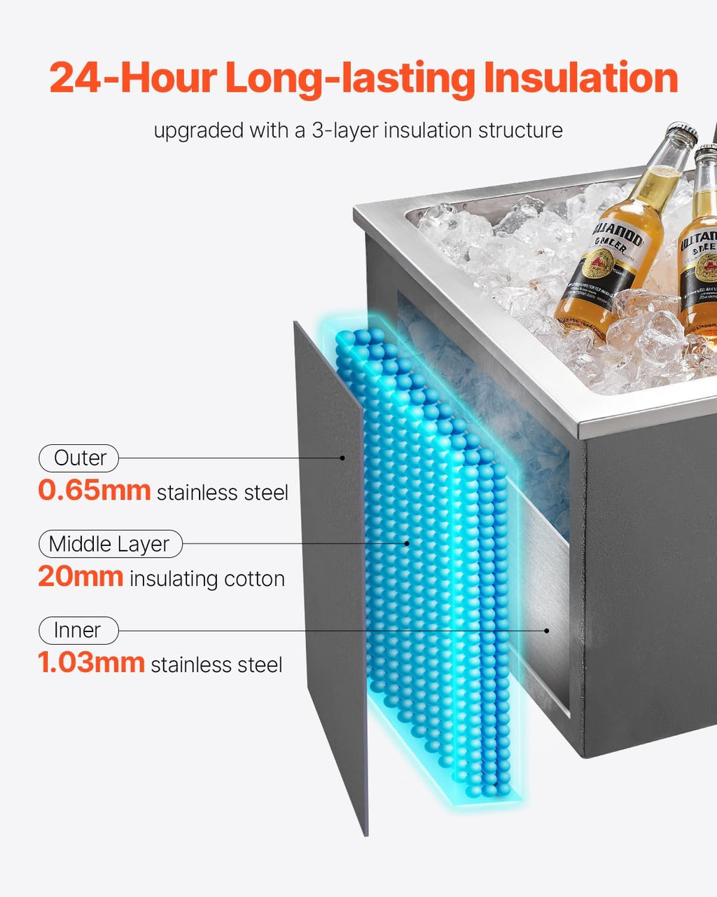 VEVOR Drop in Ice Chest, Stainless Steel Drop in Cooler, Commercial Ice Bin with Lid for Outdoor Kitchen Patio Bar, Drain-Pipe Set Included, Cooling Bins with Cover for Cold Wine Beer