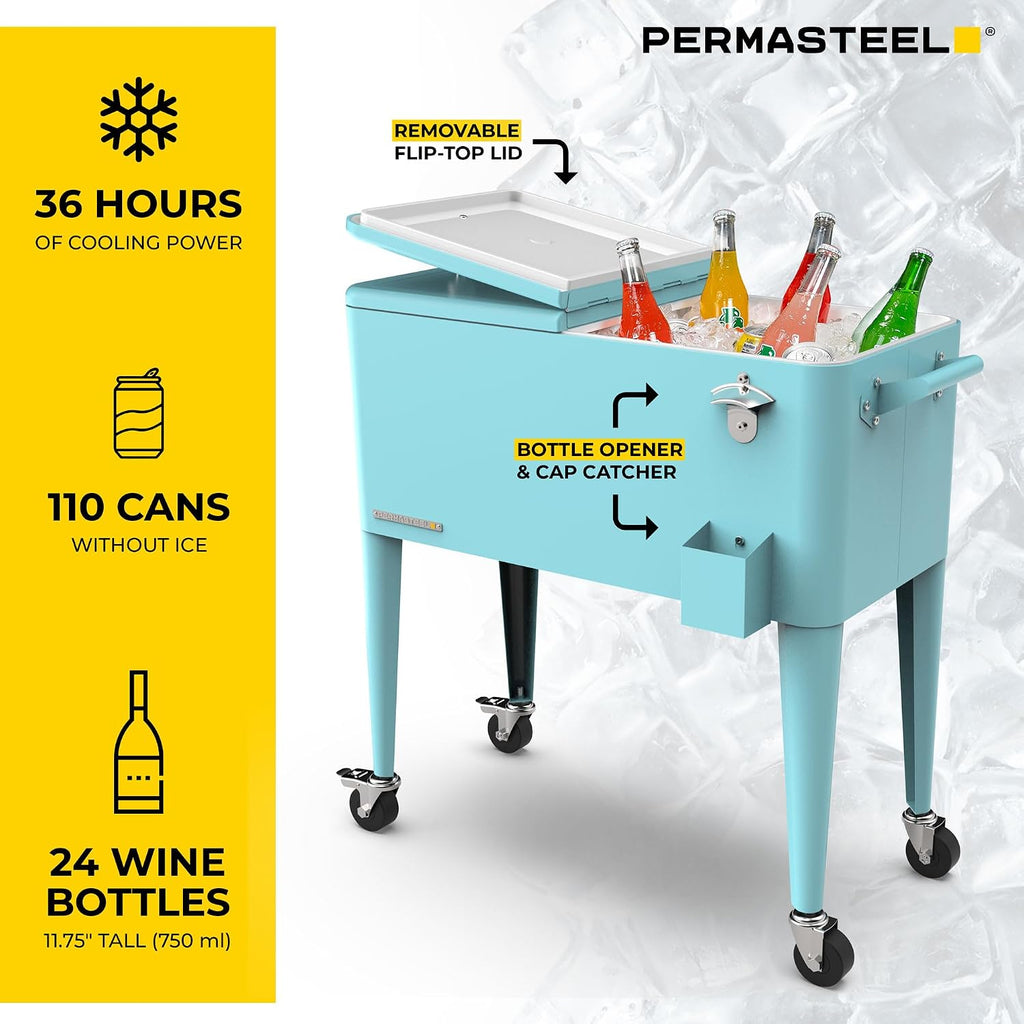 Permasteel 80-Qt Large Outdoor Patio Cooler with Wheels & Handles, Portable Rolling Hard Cooler for Outside, Retro Ice Cooler Cart, Beverage Can Coolers for Backyard Parties