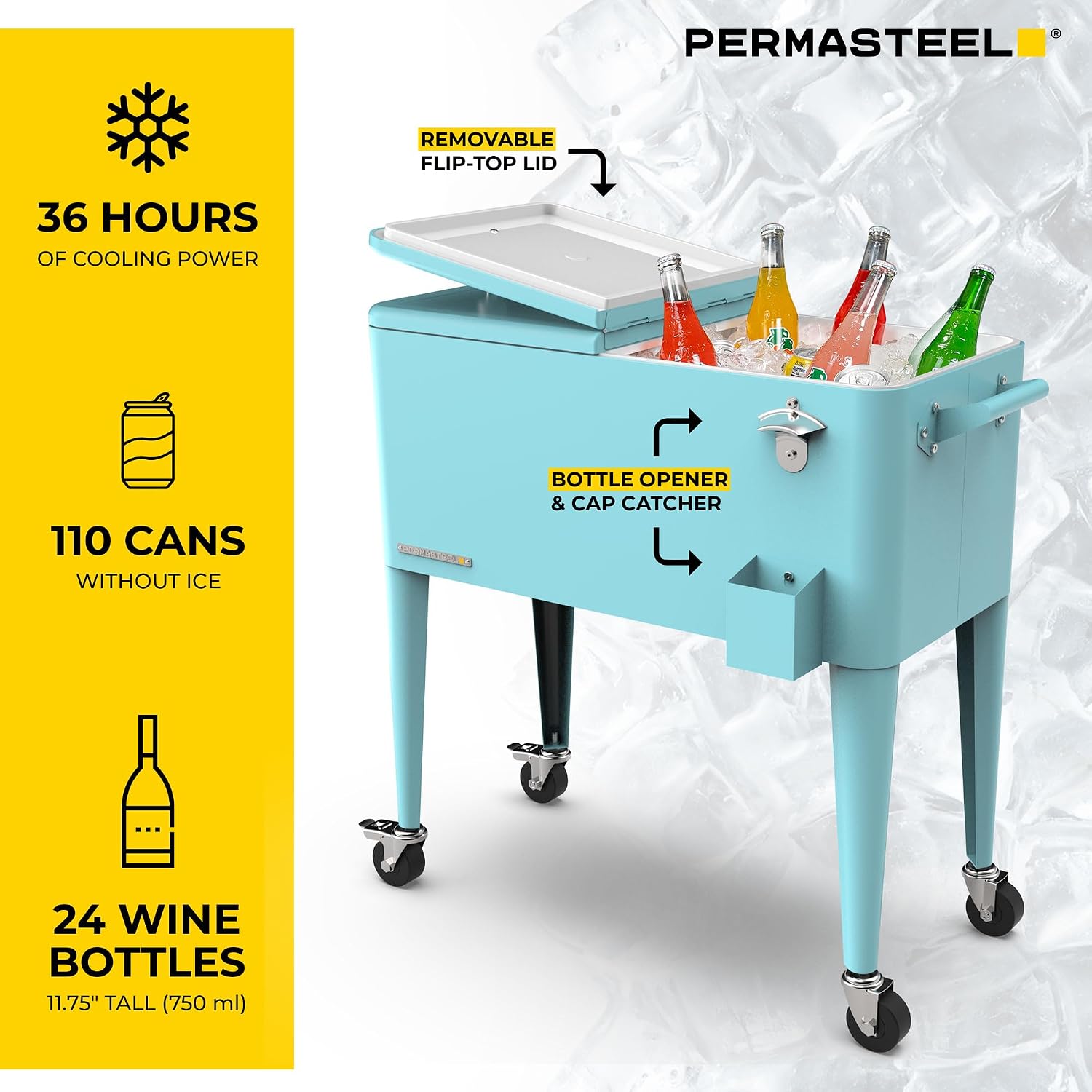 Permasteel 80-Qt Large Outdoor Patio Cooler with Wheels & Handles, Portable Rolling Hard Cooler for Outside, Retro Ice Cooler Cart, Beverage Can Coolers for Backyard Parties
