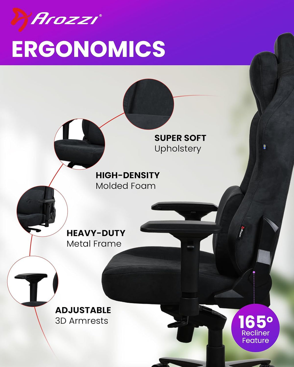 Arozzi Vernazza Supersoft Upholstery Material has a Unique Velvety Texture that is Fluid-Repellant and 3Breathable with Memory Foam Lumbar Support 4D Armrest for Office and Gaming Chair - Pure Black