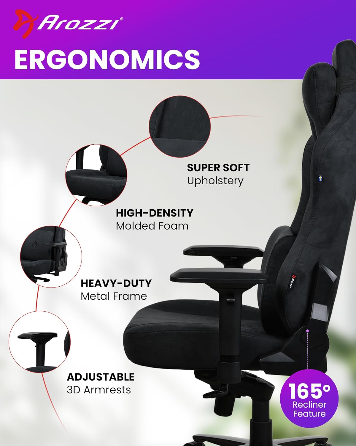 Arozzi Vernazza Supersoft Upholstery Material has a Unique Velvety Texture that is Fluid-Repellant and 3Breathable with Memory Foam Lumbar Support 4D Armrest for Office and Gaming Chair - Pure Black