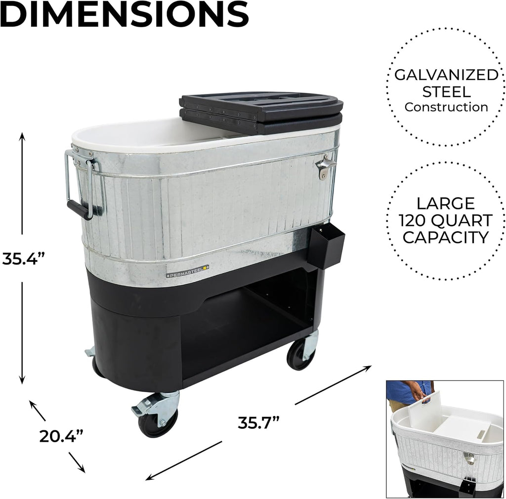 Permasteel Rolling Patio Cooler – Large Outdoor Ice Chest with Wheels, Beverage Cooler for Backyard, BBQ, Tailgate, Beach, Parties, Rustic Farmhouse Design