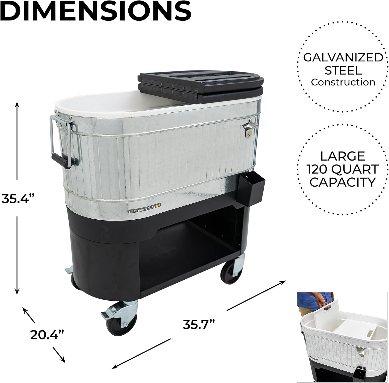 Permasteel Rolling Patio Cooler – Large Outdoor Ice Chest with Wheels, Beverage Cooler for Backyard, BBQ, Tailgate, Beach, Parties, Rustic Farmhouse Design