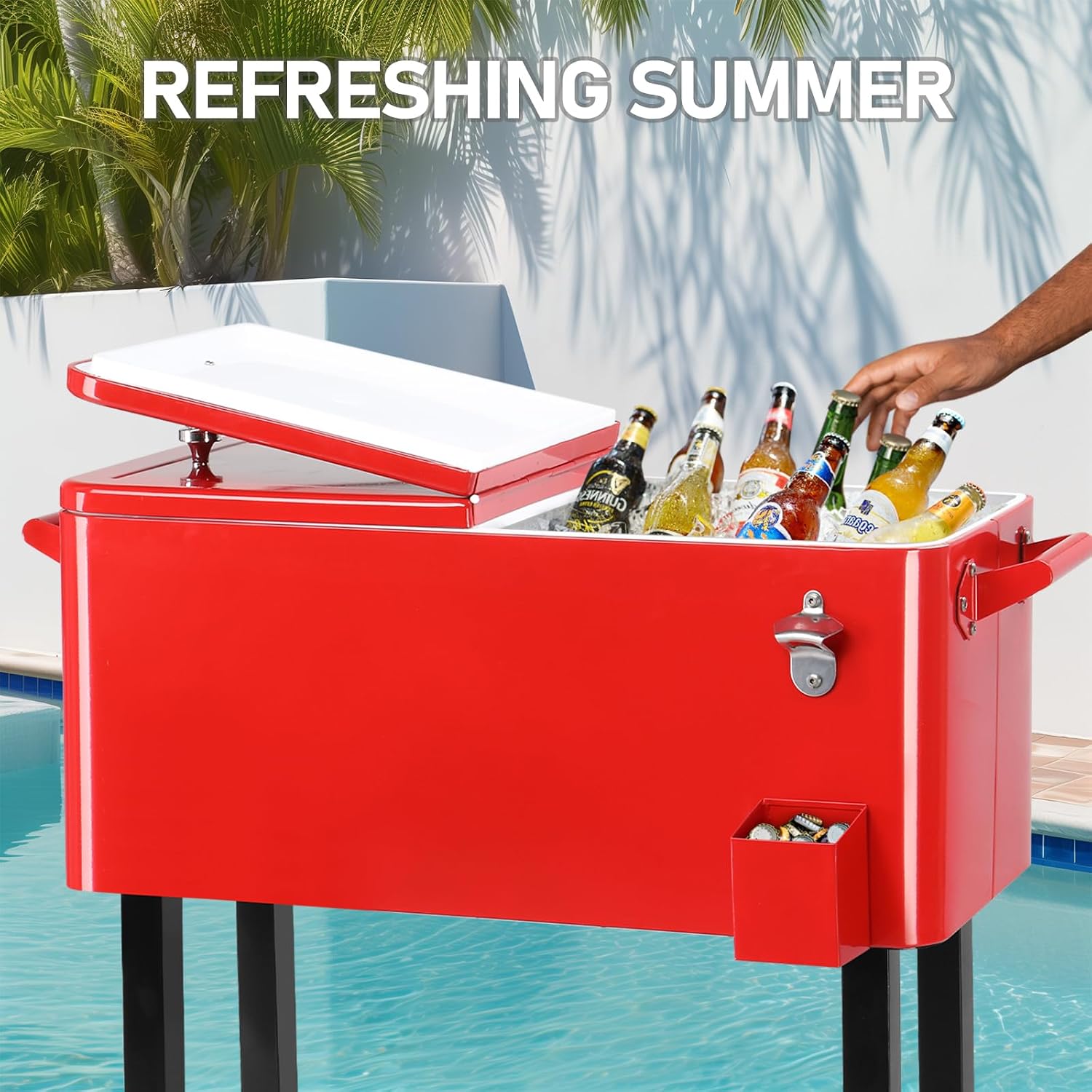 Outvita 80 Quart Rolling Ice Chest, Portable Bar Drink Cooler with Catch Basin, Bottom Storage Tray and Bottle Opener for Patio Party BBQ Beach Activities
