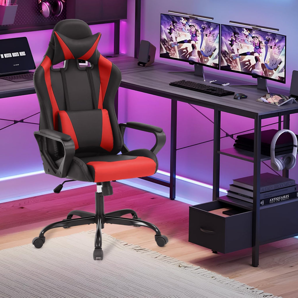 Dopinmin PU Leather Ergonomic Gaming Chair Esports Computer Chair Boss Chair with Lumbar Cushion and Retractable Footrest Video Game Chair for Streaming,RED