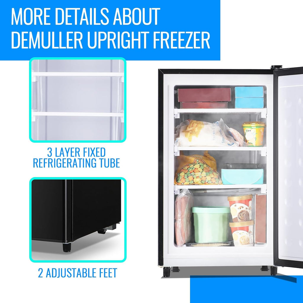 DEMULLER 3.2 Cu.Ft Upright Freezer with 7 Adjustable Thermostat Stand-up Single Door Compact Freezers with Rapid Cooling Technology for Home Kitchen Dorm Black