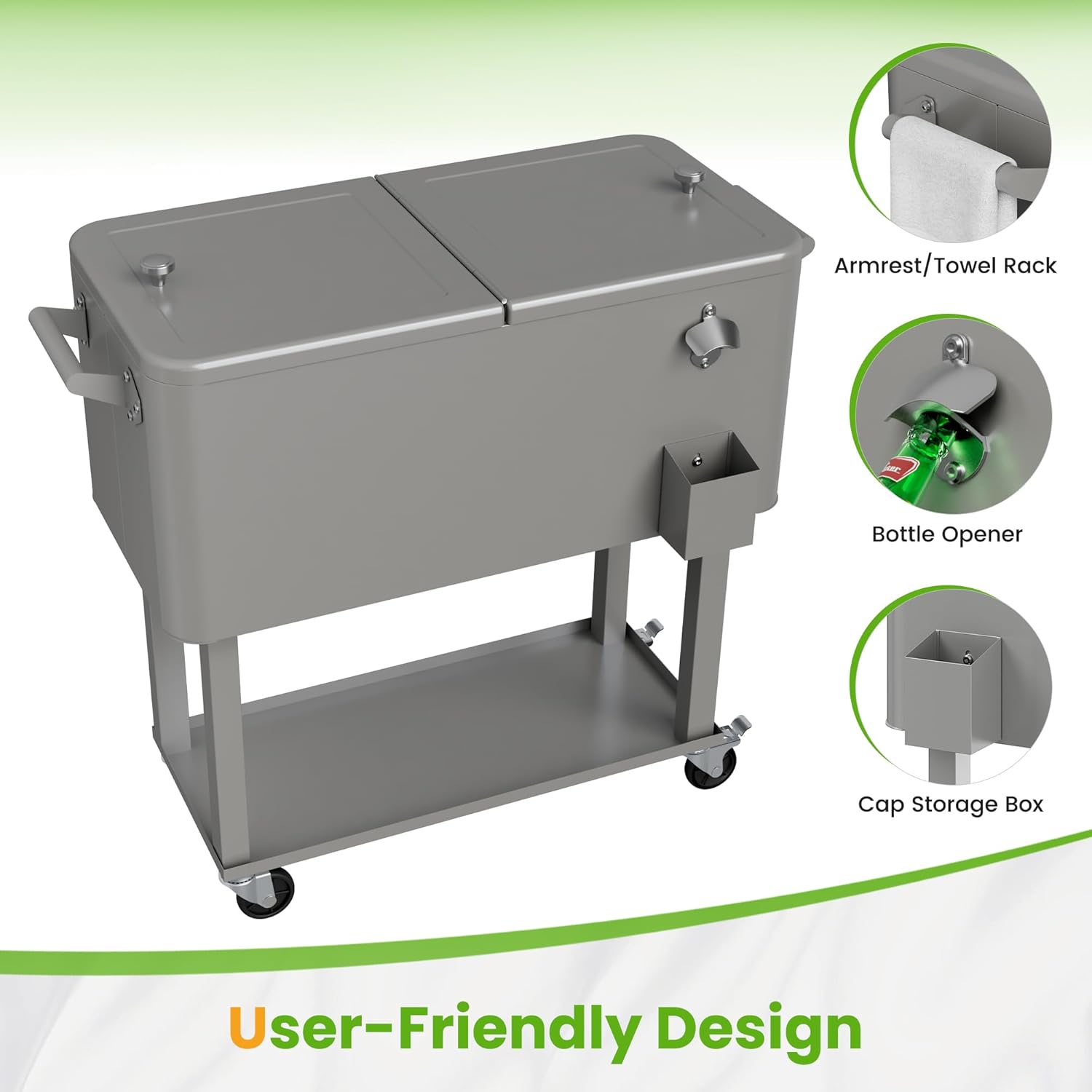 80 Quart Rolling Ice Chest Cooler Cart with Shelf, Heavy Duty Insulated Cooler Box on Wheels with Drain Plug, Weather Resistant Outdoor Party BBQ Drink Cart