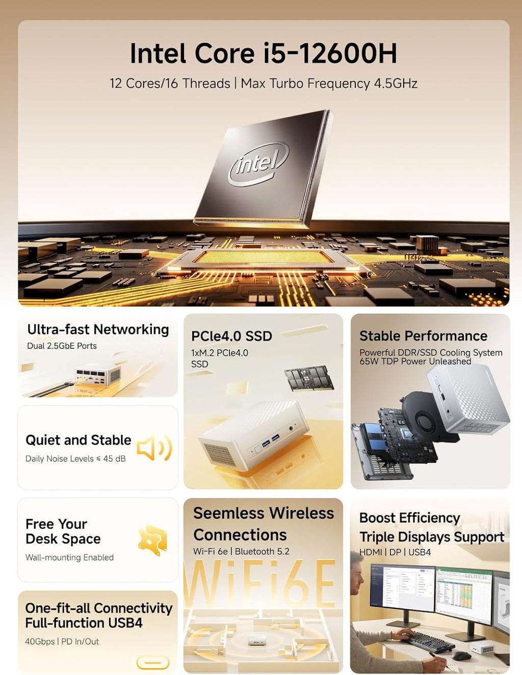 MINISFORUM M1 Plus Mini PC, Intel Core i5-12600H (12C/16T, 4.5GHz), 16GB DDR5 RAM, 512GB SSD, Triple 4K Display (HDMI/DP/USB 4.0), Dual 2.5GbE Port, WiFi 6E, Compact Desktop Computer