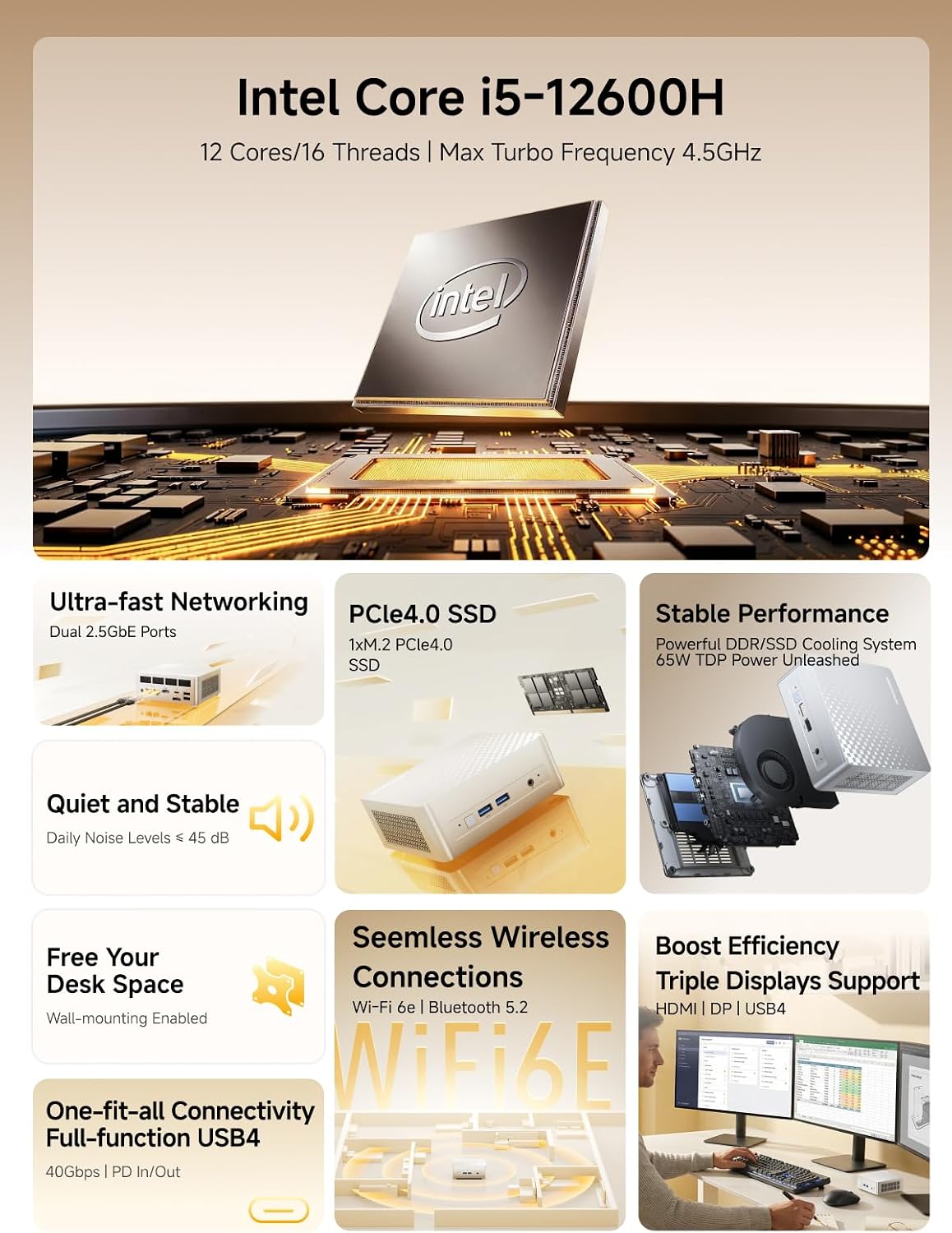 MINISFORUM M1 Plus Mini PC, Intel Core i5-12600H (12C/16T, 4.5GHz), 16GB DDR5 RAM, 512GB SSD, Triple 4K Display (HDMI/DP/USB 4.0), Dual 2.5GbE Port, WiFi 6E, Compact Desktop Computer