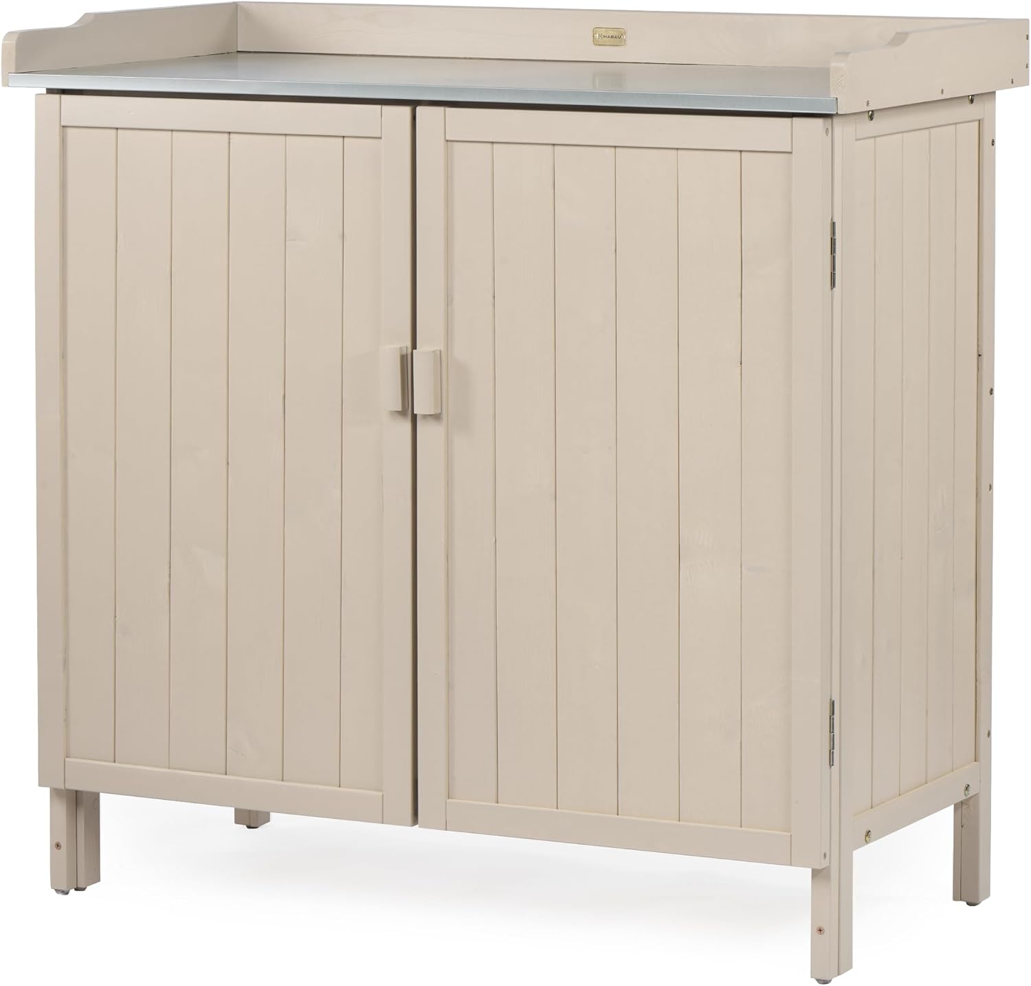 HABAU Outdoor Storage Cabinet with Potting Bench & Metal Tabletop, Wooden Planting Workstation for Garden Patio, Weatherproof