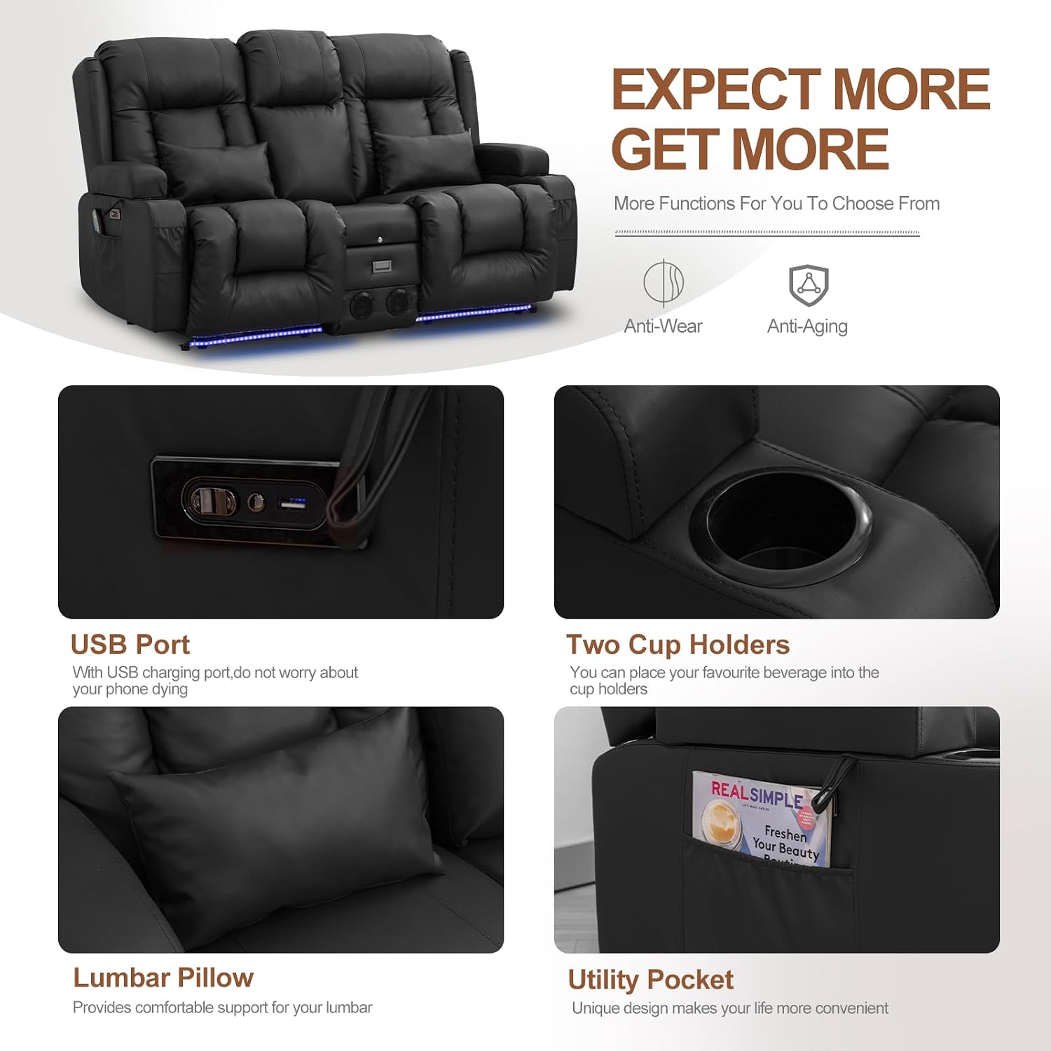 Loveseat Recliner Chair, Leather Sofa with Massage & Heating, Home Theater Seating with Console Power Recliner with Outlet/LED Light/Cup Holders/Speaker/USB Port (Black, Loveseat with Console)