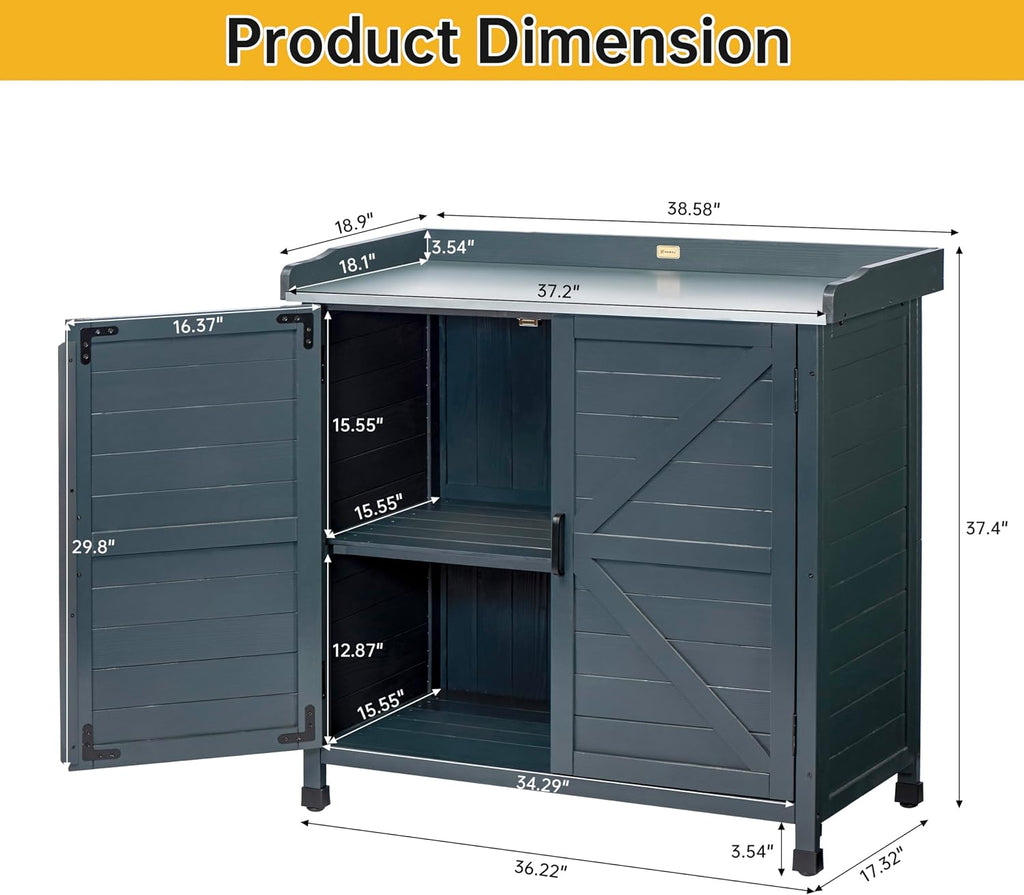 HABAU Outdoor Potting Bench with Storage Cabinet & Metal Tabletop, Wooden Garden Workstation for Patio, Weatherproof