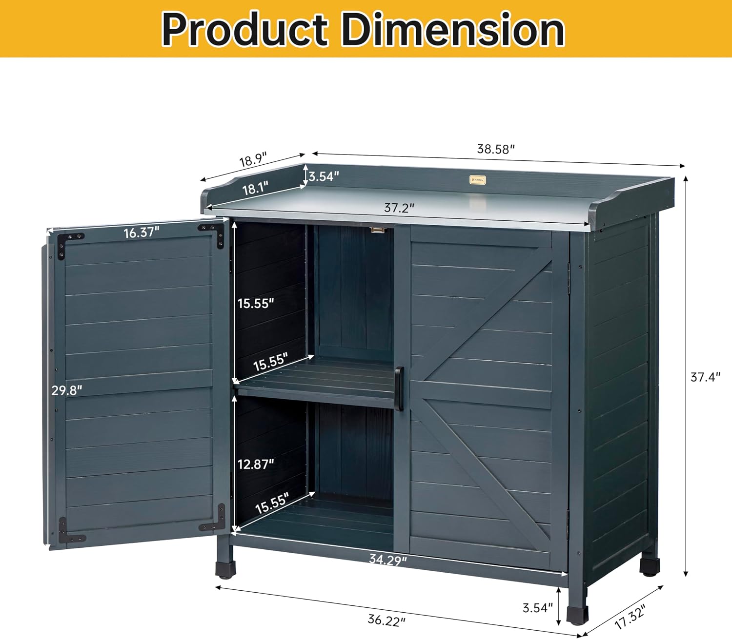 HABAU Outdoor Potting Bench with Storage Cabinet & Metal Tabletop, Wooden Garden Workstation for Patio, Weatherproof
