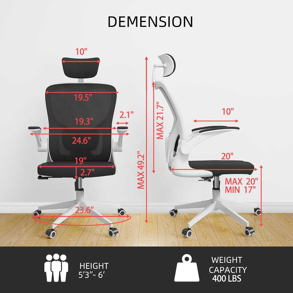 Office Chair Ergonomic Desk Chair, 350 LBS Mesh Office Chair with Lumbar Support, Comfy Desk Chair with Wheels, Big and Tall Chair for Study Work Gaming (03white-Black)