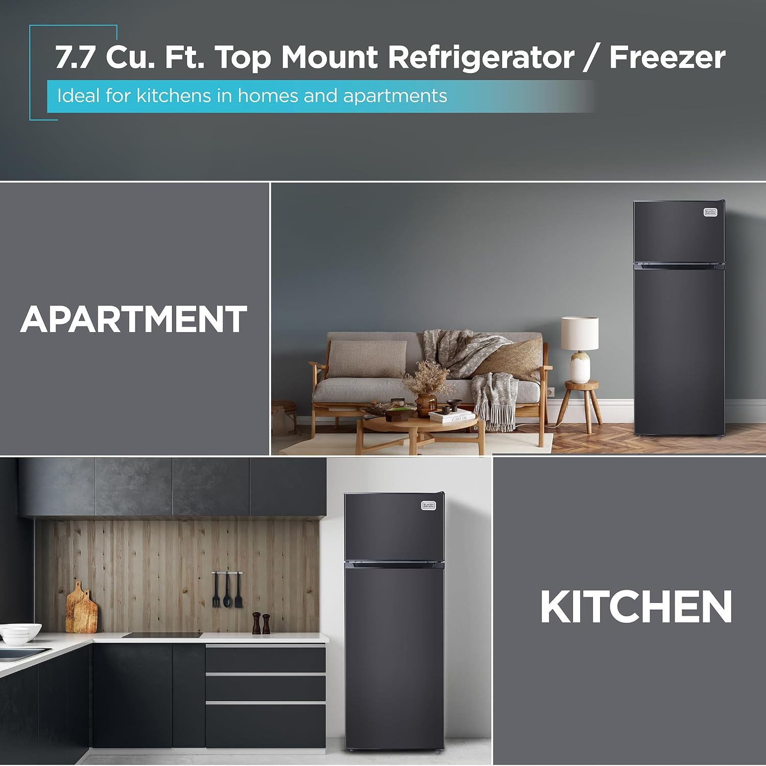 BLACK+DECKER 7.7 Cu. Ft. Top Mount Refrigerator with Freezer, 2 Door Fridge with Top Freezer and Mechanical Temperature Control, For Homes and Apartments, BDA77LAB, Black