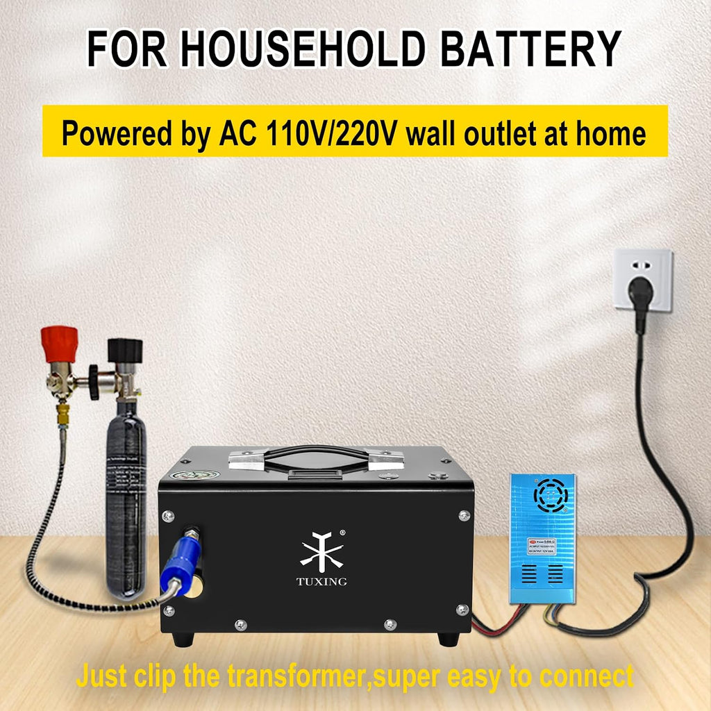 TUXING PCP Air Compressor 4500Psi, 30Mpa Portable PCP Airgun Compressor with External Converter, Powered by 12V Car DC or Home 110V AC, for Air Gun and Paintball/Scuba Tank