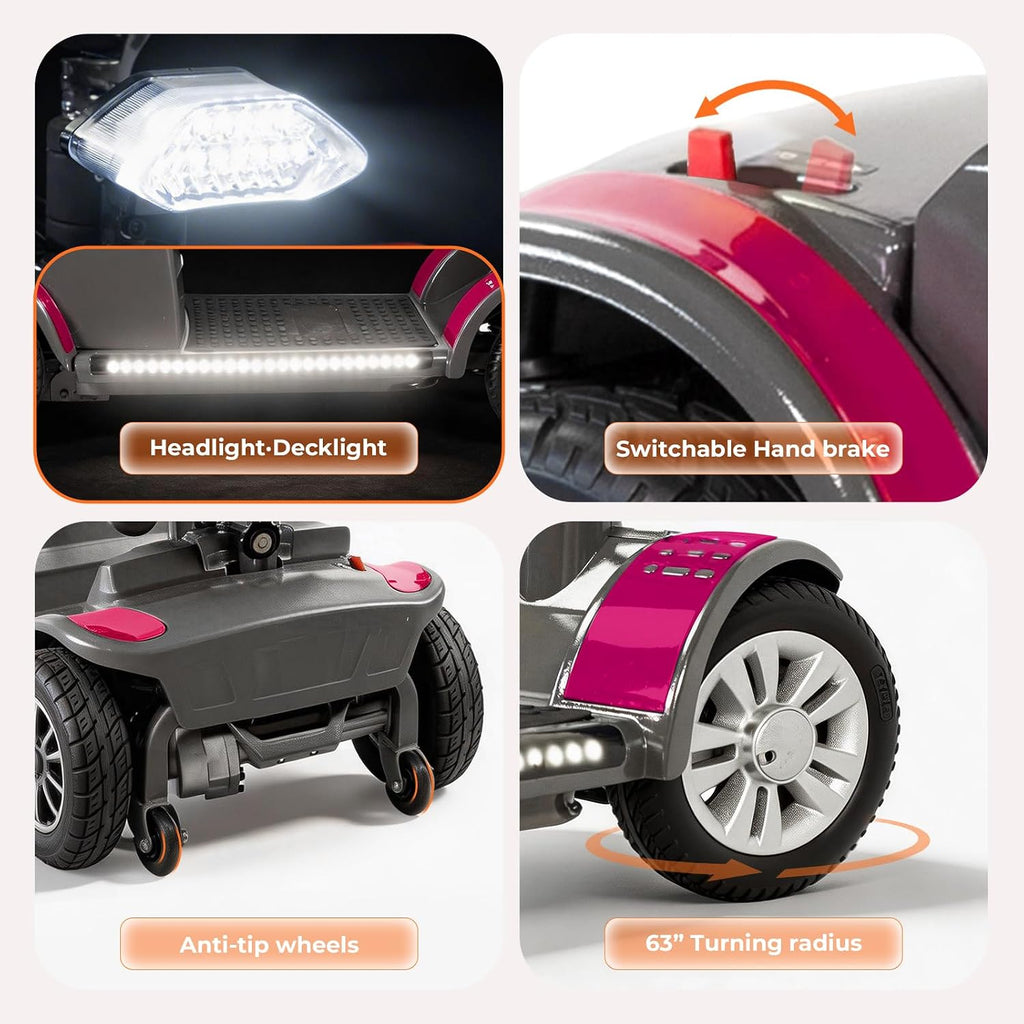 Mobility Scooter for Adults Senior,4 Wheels Electric Powered Scooter,Lightweight Mobility Scooter,with LED Headlights and Basket,Charger Included, Detachable Battery and Rotatable Seat (Grey-Purple)
