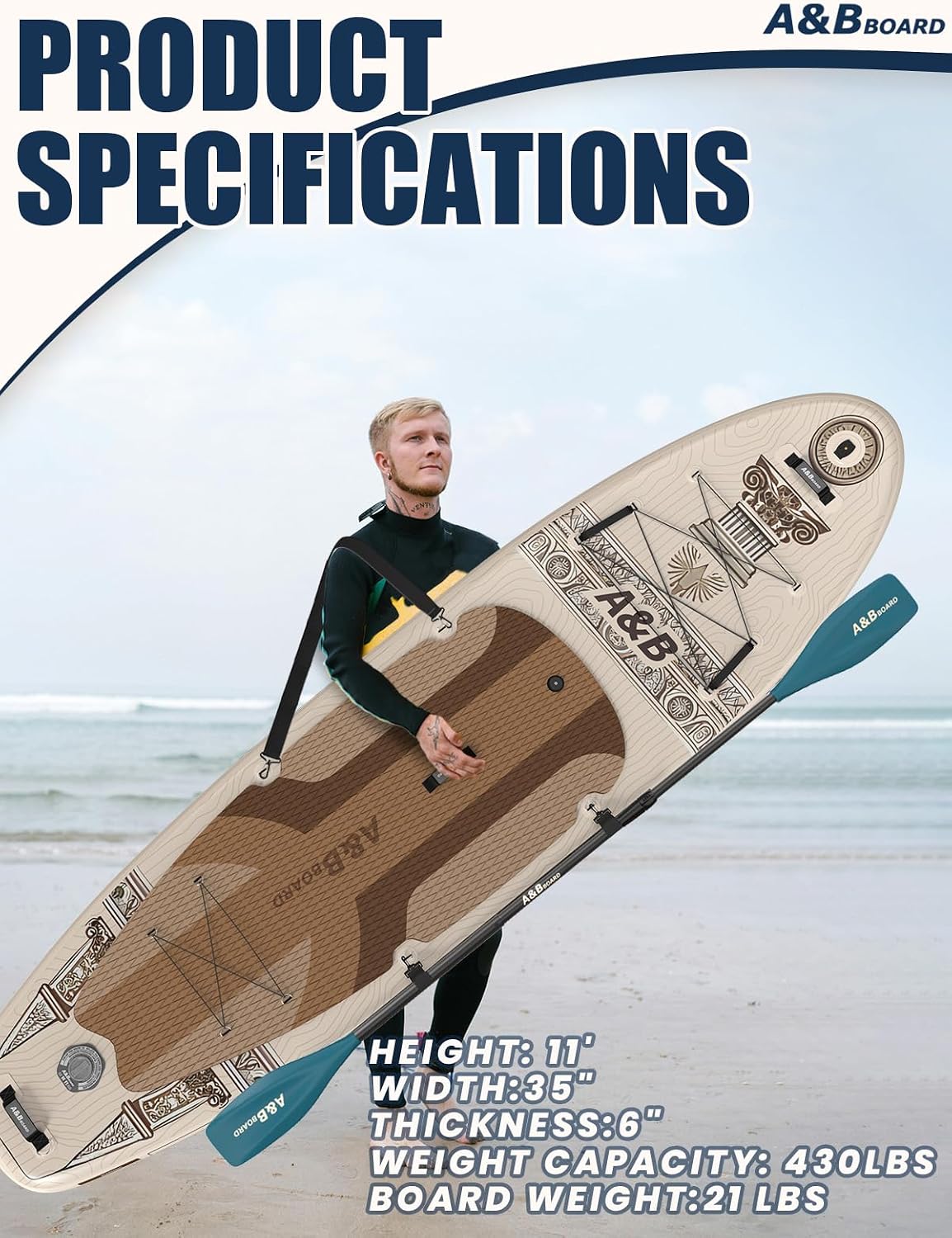 ABBOARD Inflatable Stand Up Paddle Board - Extra Wide Fishing Paddleboard with Sup Accessories Youth/Adults