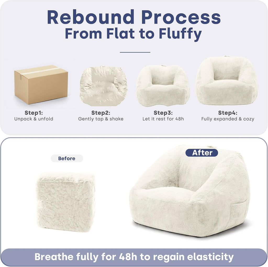SUNBURY 47.2' L-Shaped Bean Bag Chair with Arms, Memory Foam Filled Lazy Sofa with Portable Handle & Side Pocket, Plush Floor Chair for Adults, Living Room, Bedroom, Reading Corner (Cream White)